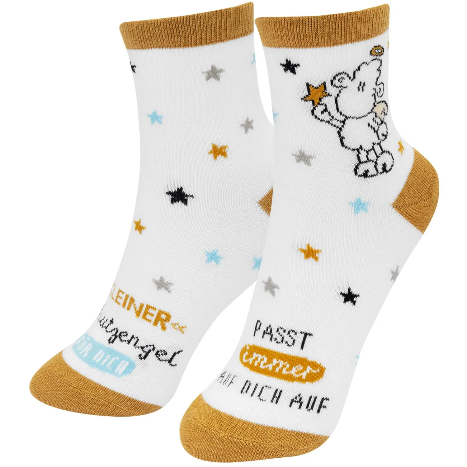 Paar weiße Socken mit braunem Bündchen, Sternen und Schäfchen-Motiv