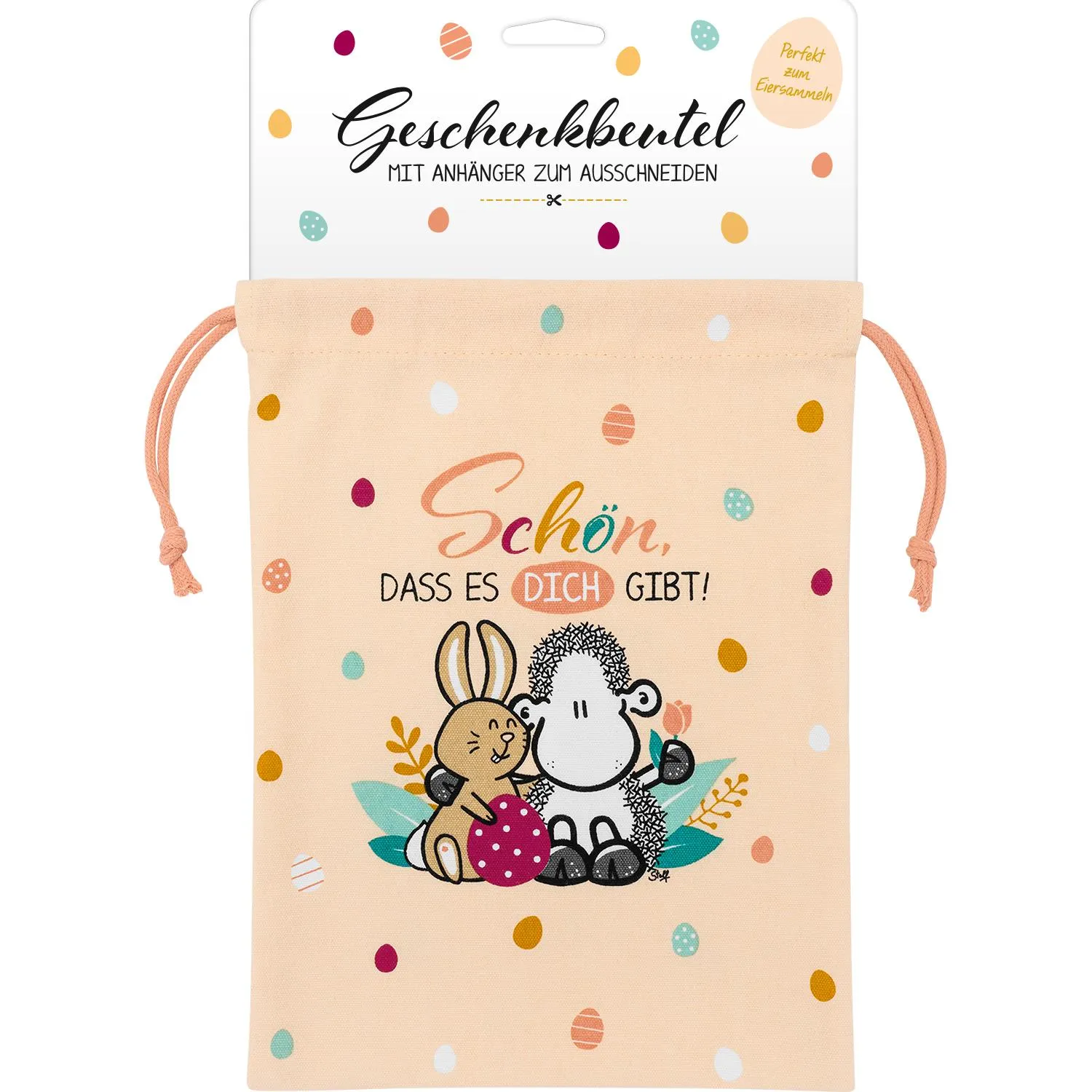 Pfirsichfarbener Geschenketasche mit Hasen- und Schafmotiv, Ostereier-Dots