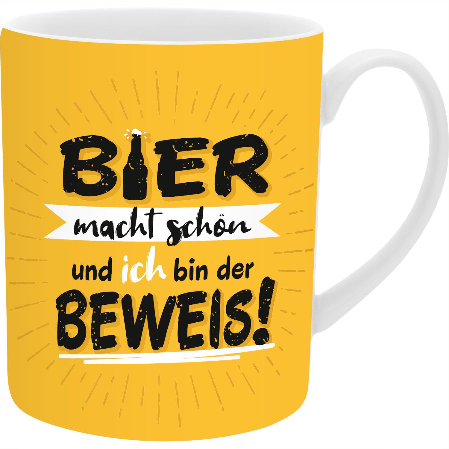 Gelb-orange XL-Tasse mit schwarzem Bier-Spruch und weißem Henkel