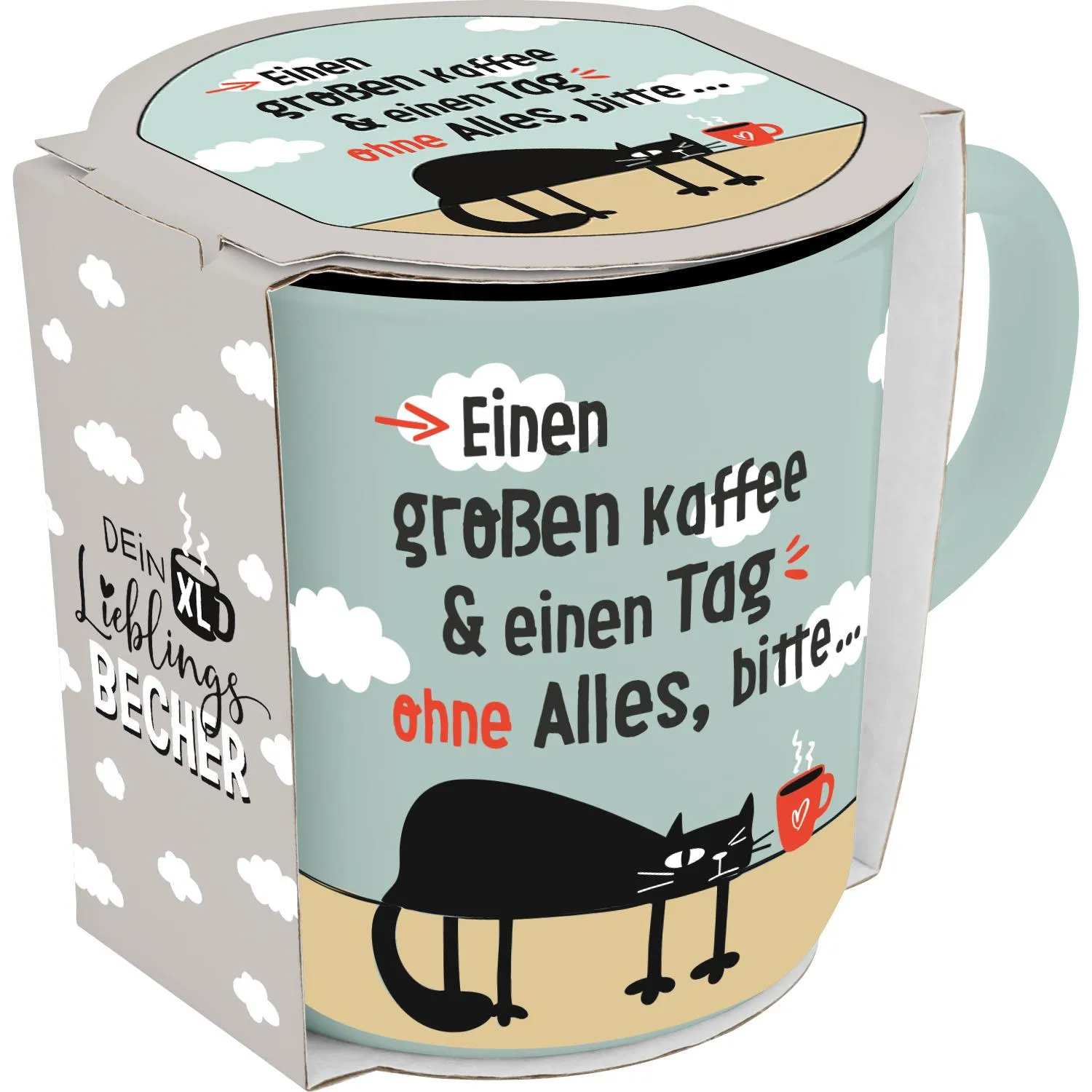 XL-Lieblingsbecher mit Cartoon-Katze auf hellblauem Porzellan, Wolkenmotiv und Spruch.
