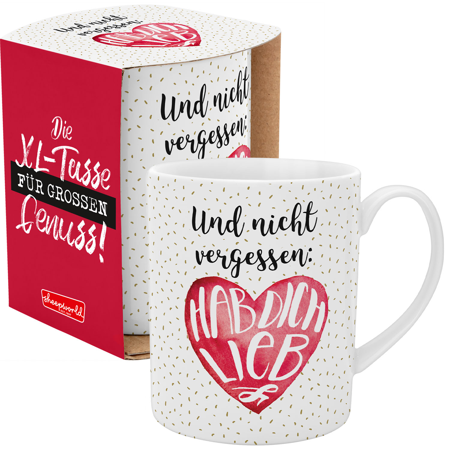 XL-Tasse aus Porzellan mit rotem Herz und Goldsprenkeln, Schrift Hab Dich Lieb