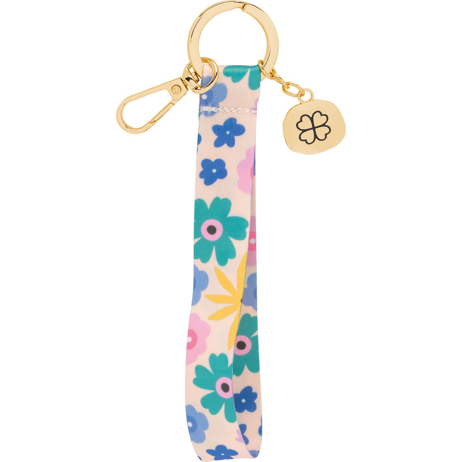 Floral bedrucktes Schlüsselband aus Polyester mit Goldteilen und Kleeblatt-Anhänger.