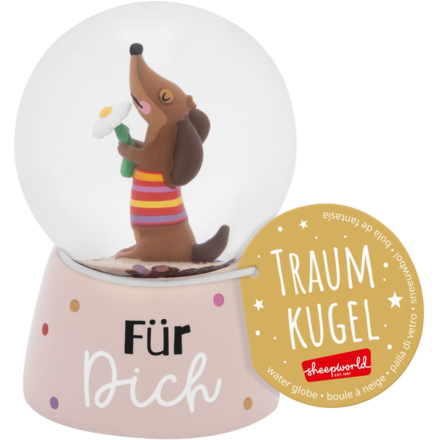 Süße Traumkugel mit Dackel-Dekor, rosa Sockel und Glitzer, ideale Dekoration.