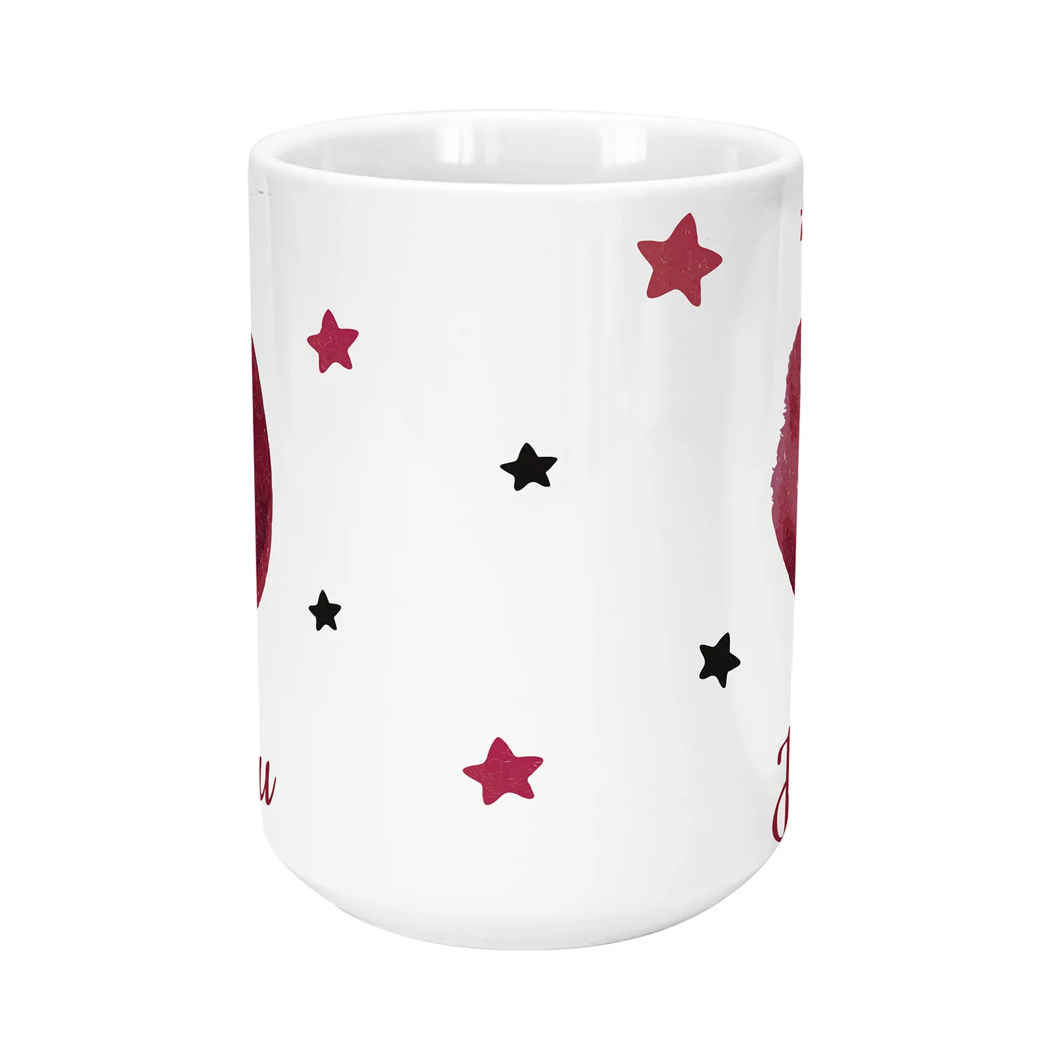 Weiße XL-Tasse mit Sternmotiv in Pink und Schwarz, personalisiert mit Namen (Jungfrau).