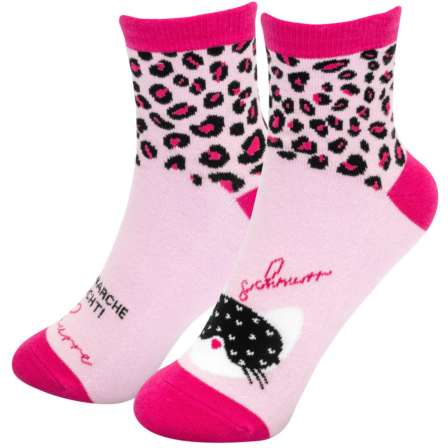 Rosa Zaubersocken mit Katzenmotiv und Leopardenmuster