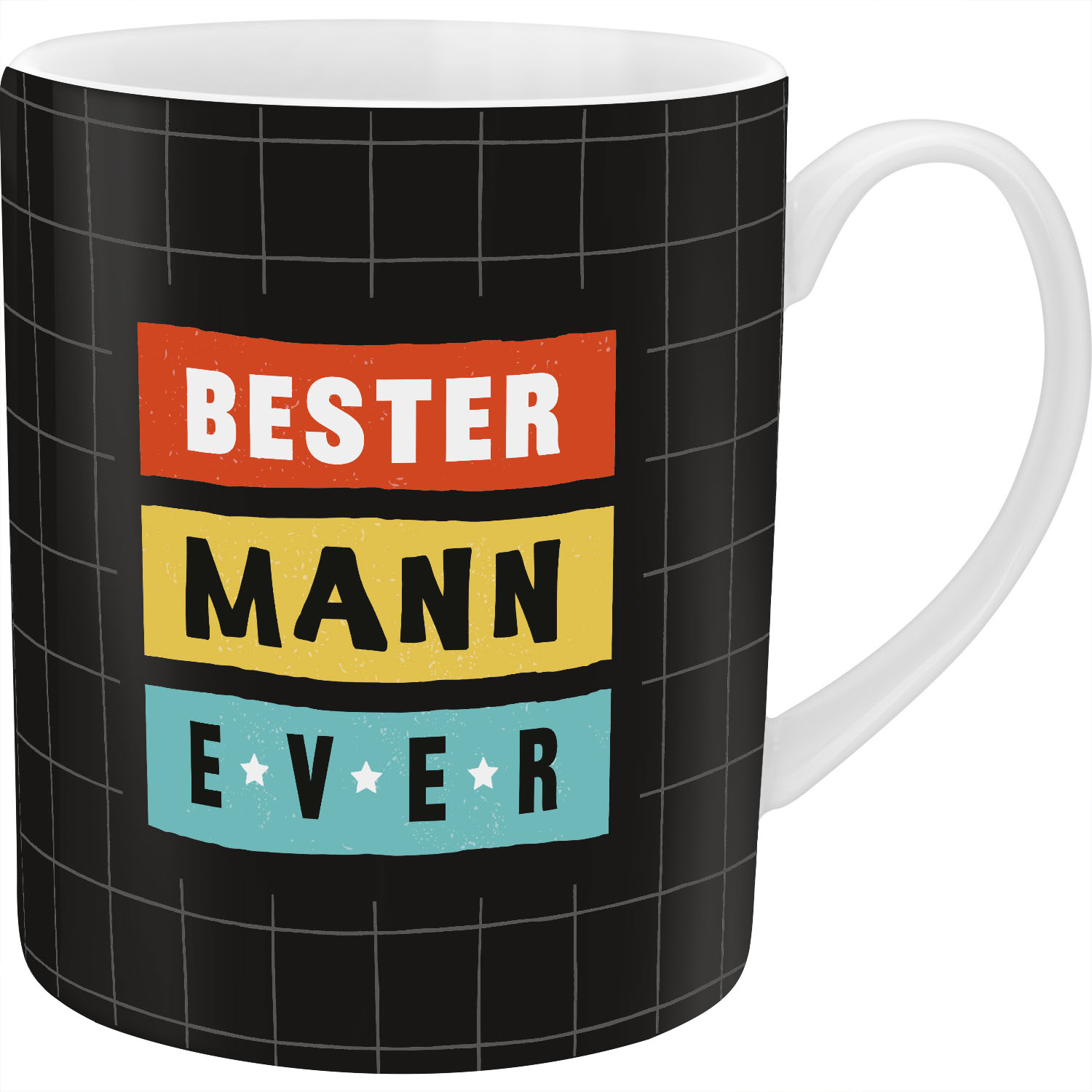 XL-Tasse mit buntem BESTER MANN EVER-Spruch auf schwarzem Hintergrund