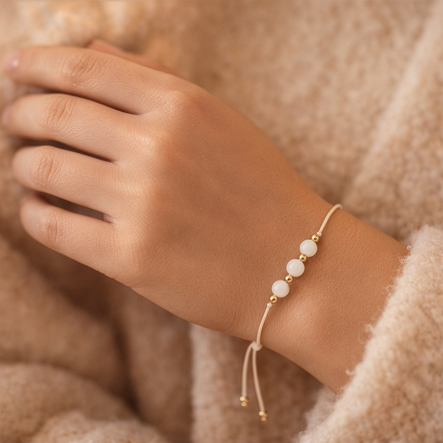 Armband mit weißen Perlen und goldenen Zwischenperlen auf elastischem Band