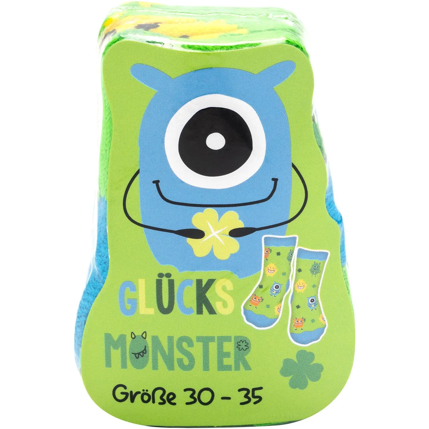 Grüne Monster-Socke mit blauem Monster-Motiv in Verpackung