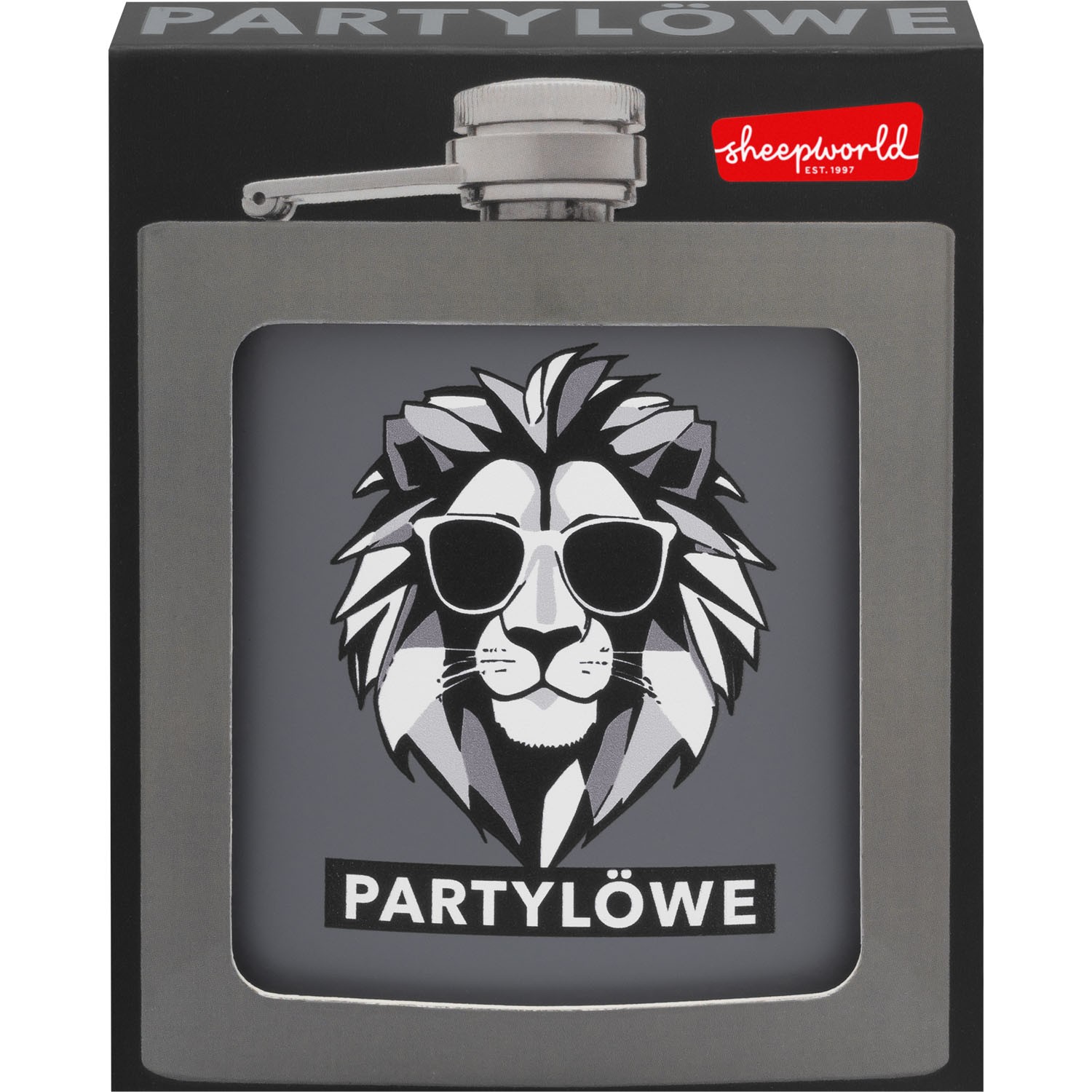 Flachmann aus Edelstahl mit Partylöwe-Motiv und Sichtfensterverpackung