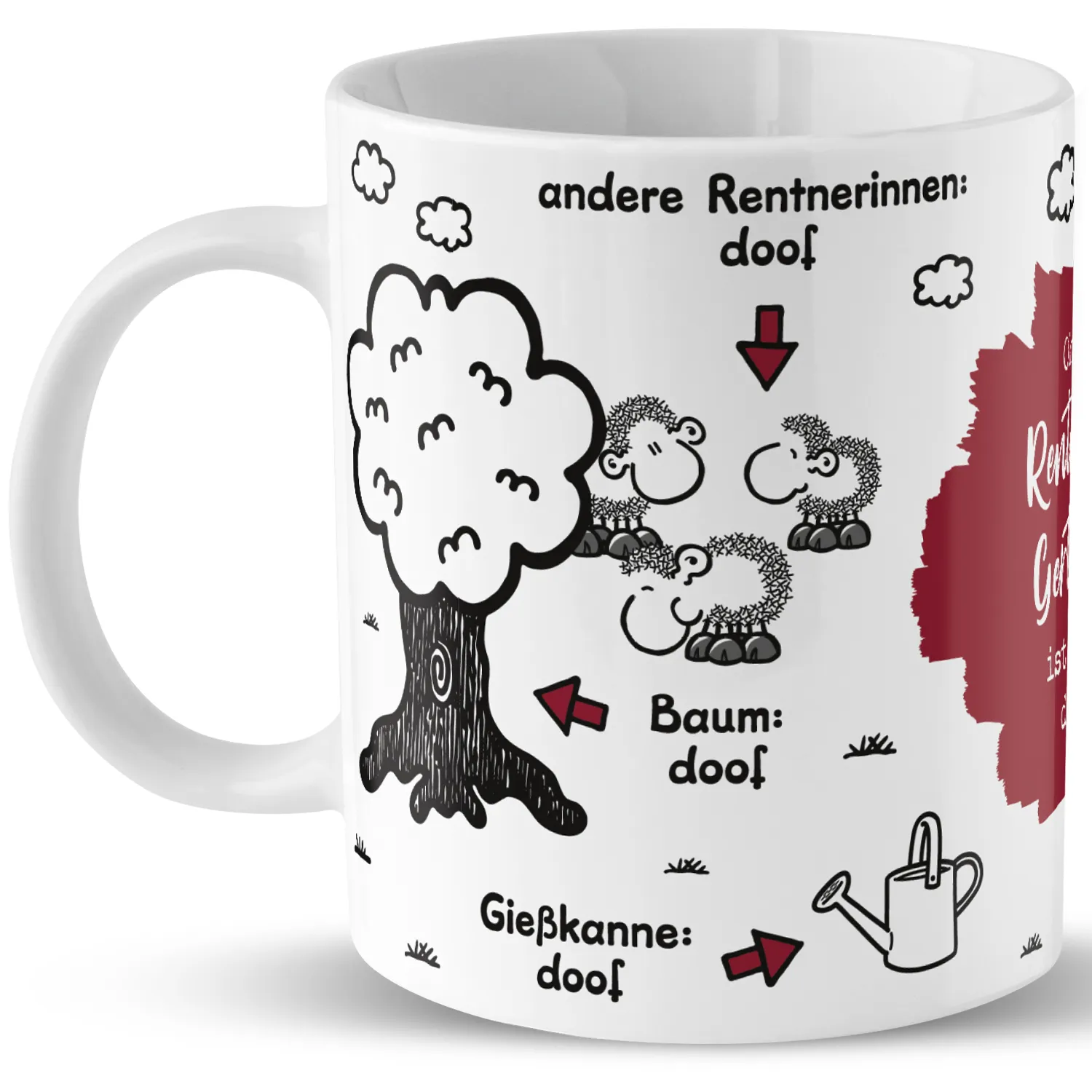 Weiße Porzellantasse mit schwarzen Schäfchen-Motiv und rotem Akzent