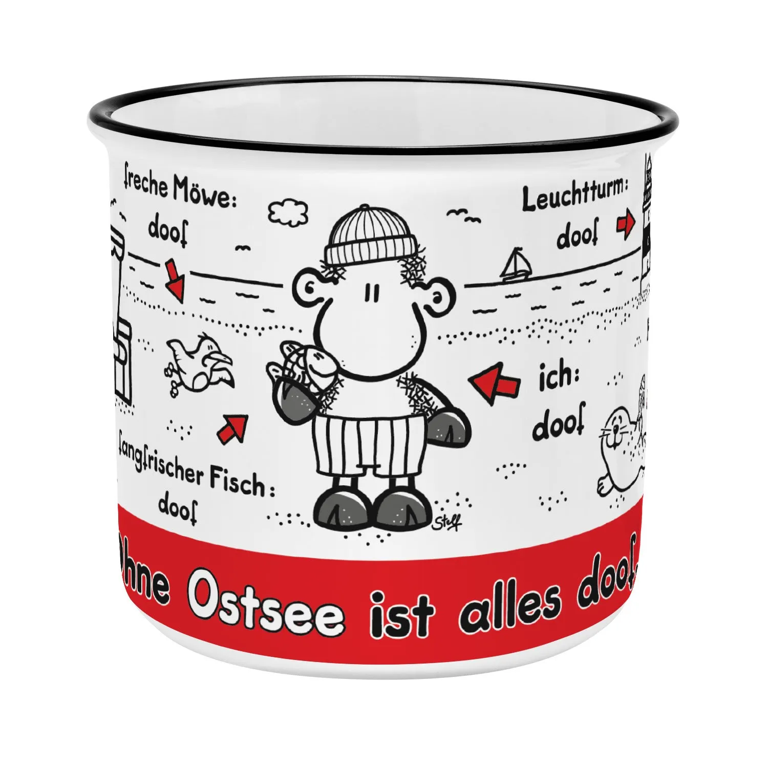 Weiße Porzellantasse mit schwarzem Rand und maritimem Sheepworld-Motiv