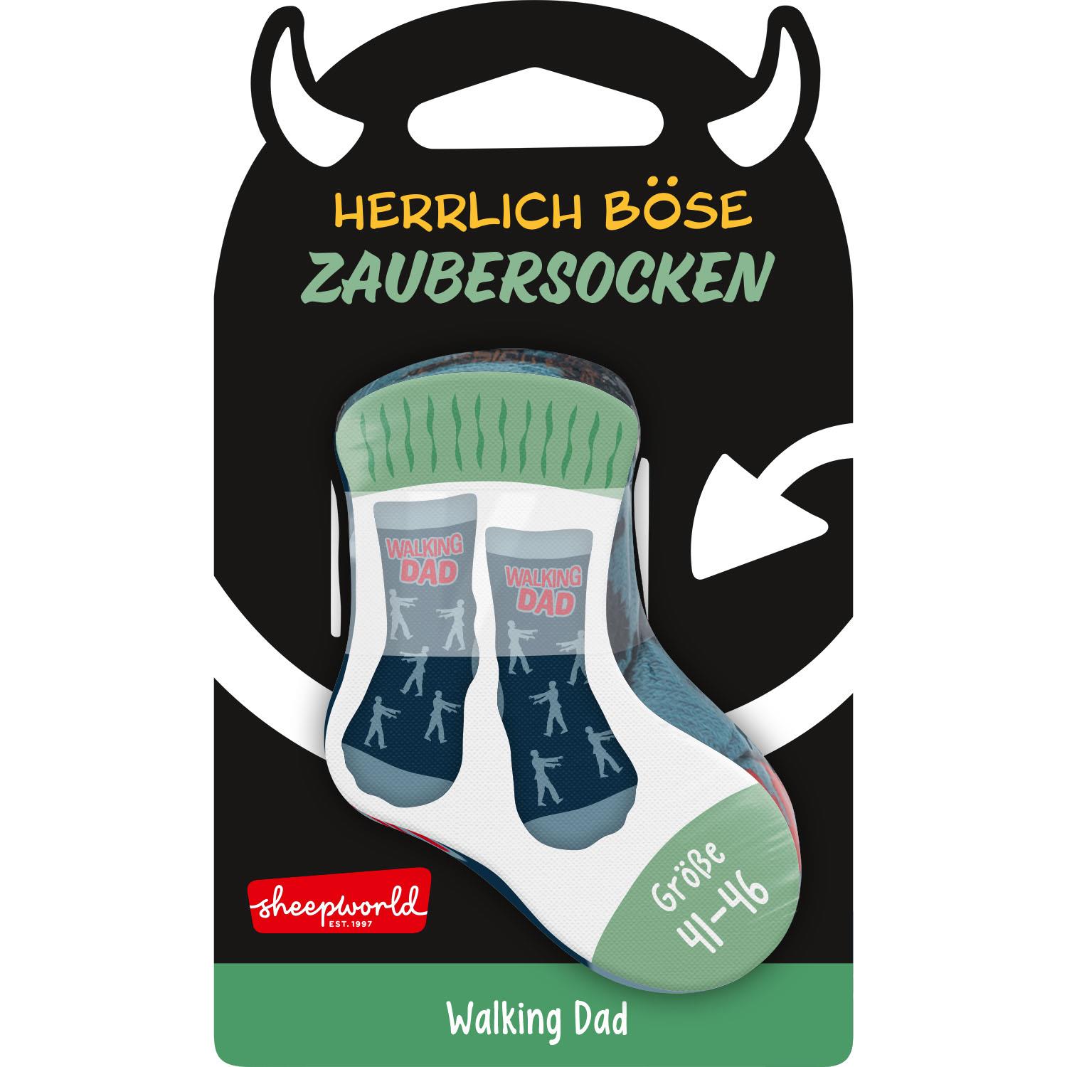 Zaubersocken Walking Dad in Blau-Weiß, Verpackung mit Teufelshörnern