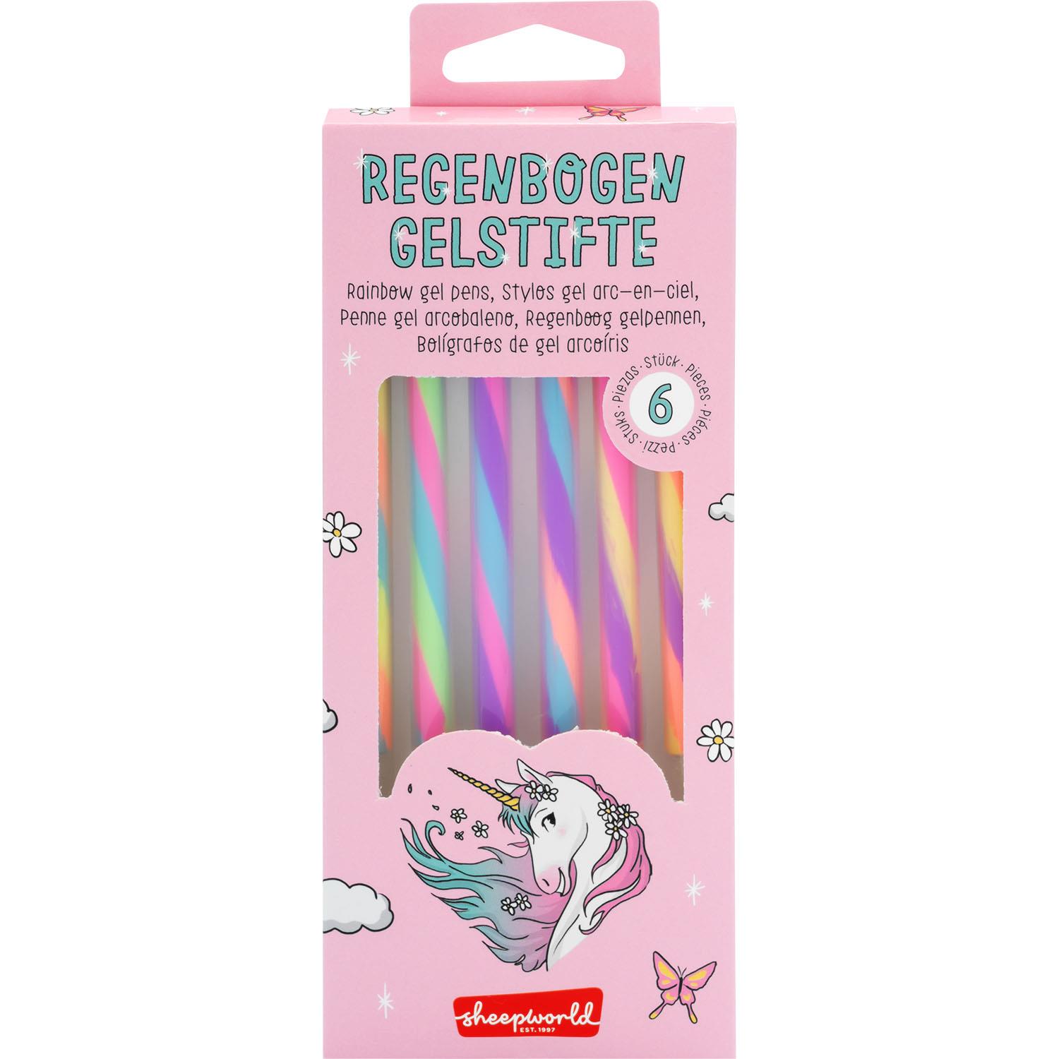 Regenbogen-Gelstifte im pinken Unicorn-Geschenkbox-Design.