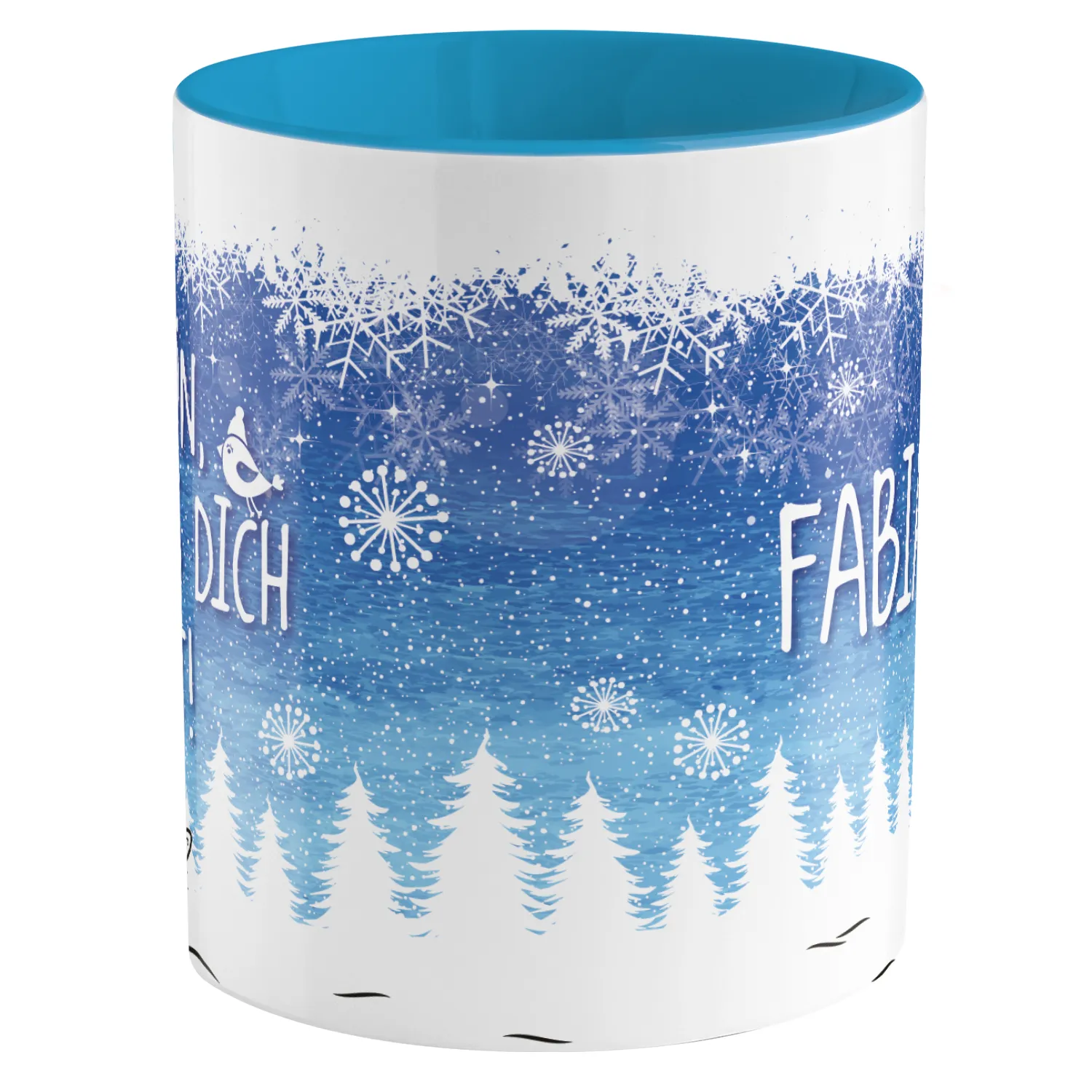 Personalisierte Porzellan-Wintertasse mit Wunschname, Blau, Schneeflocken und Tannenwald