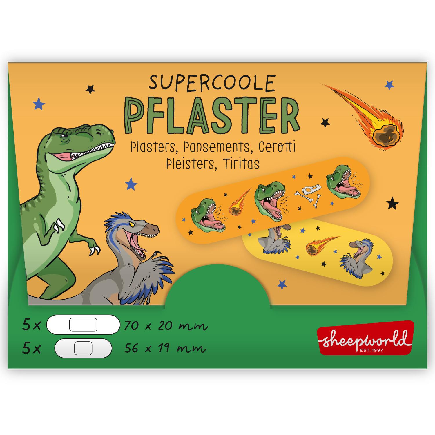 Dino-Pflaster-Set auf grün-gelber Verpackung mit Dino-Motiven