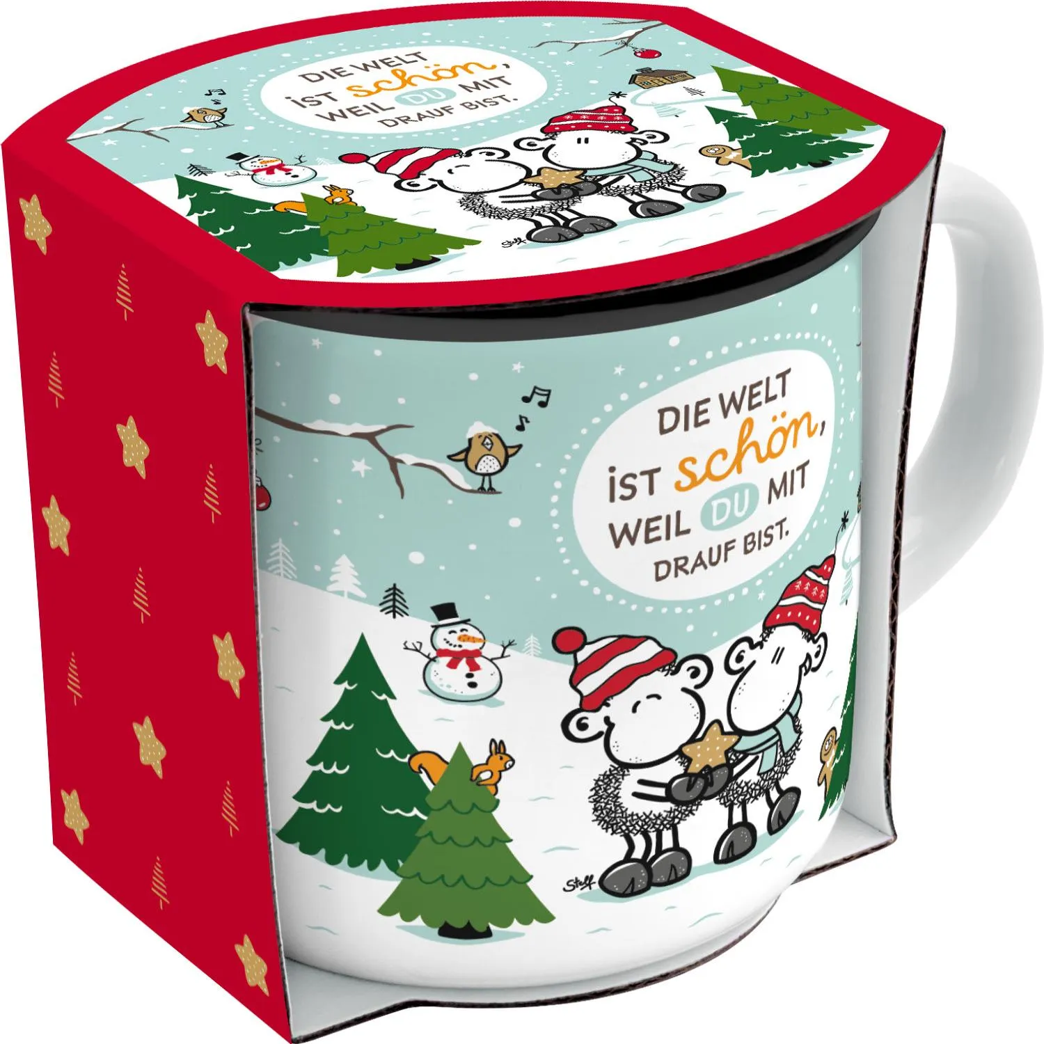 Weihnachtlicher Porzellan-Becher mit Schaf-Motiv und Winterlandschaft.