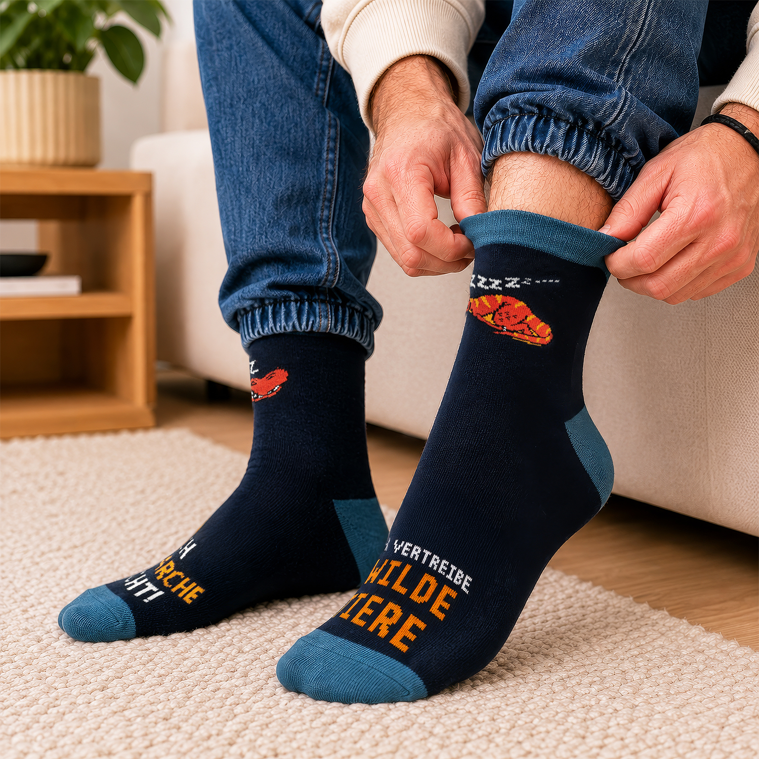 Zaubersocken mit rotem Hummer-Motiv auf dunkelblauem Grund, Humor als Geschenk.