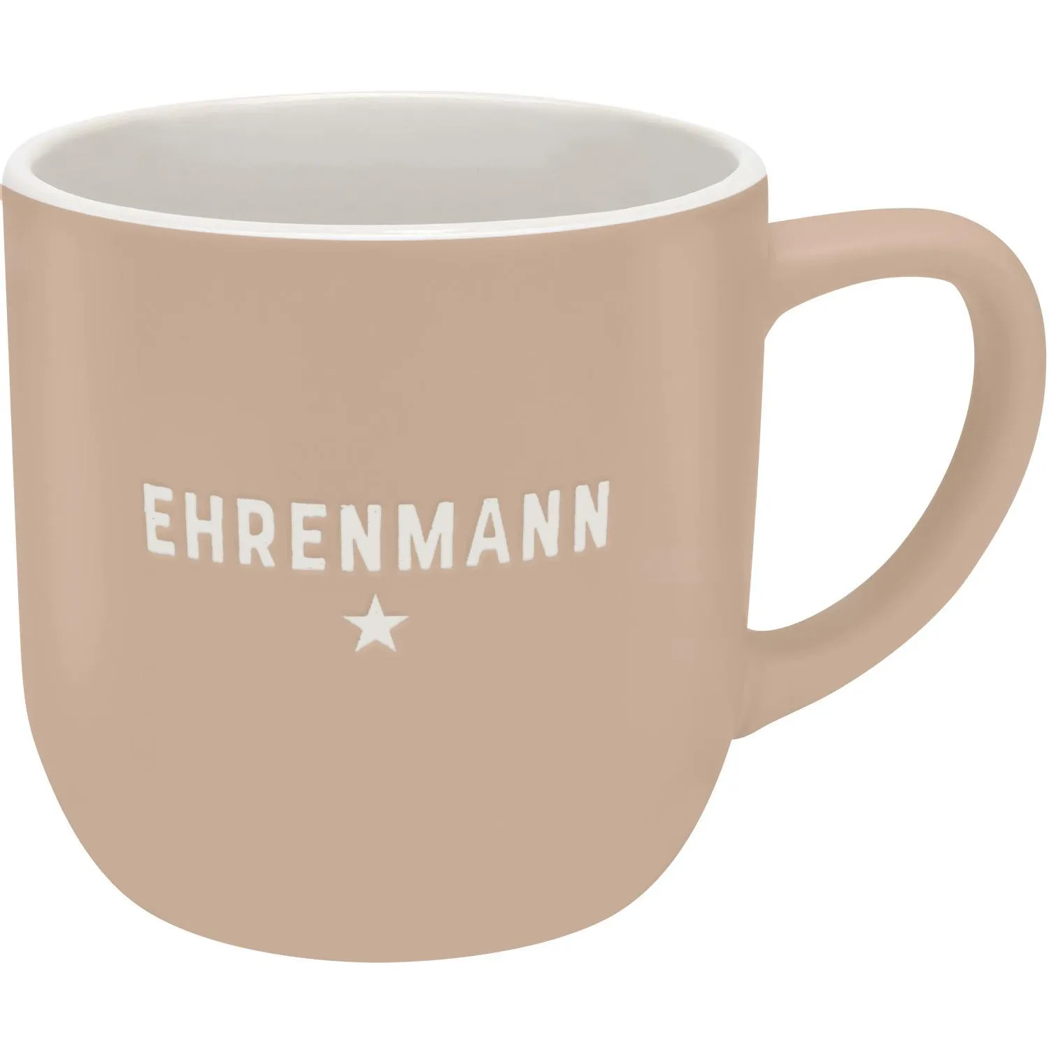 Beige Steinzeug-Tasse mit weißem Innenraum und EHRENMANN-Schriftzug