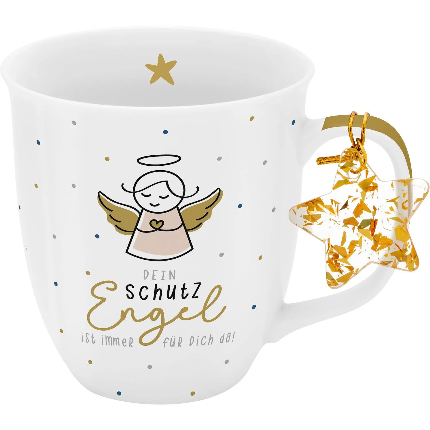Weiße Porzellan-Tasse mit Schutzengel-Motiv und goldenem Sternanhänger.