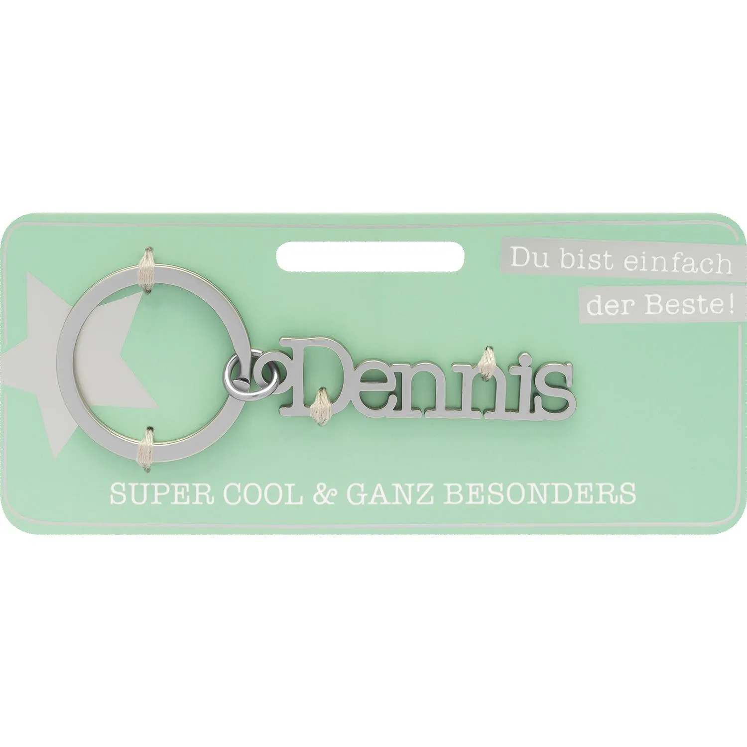 Schlüsselanhänger Dennis aus Edelstahl mit Namenszug, auf mintgrüner Verpackung