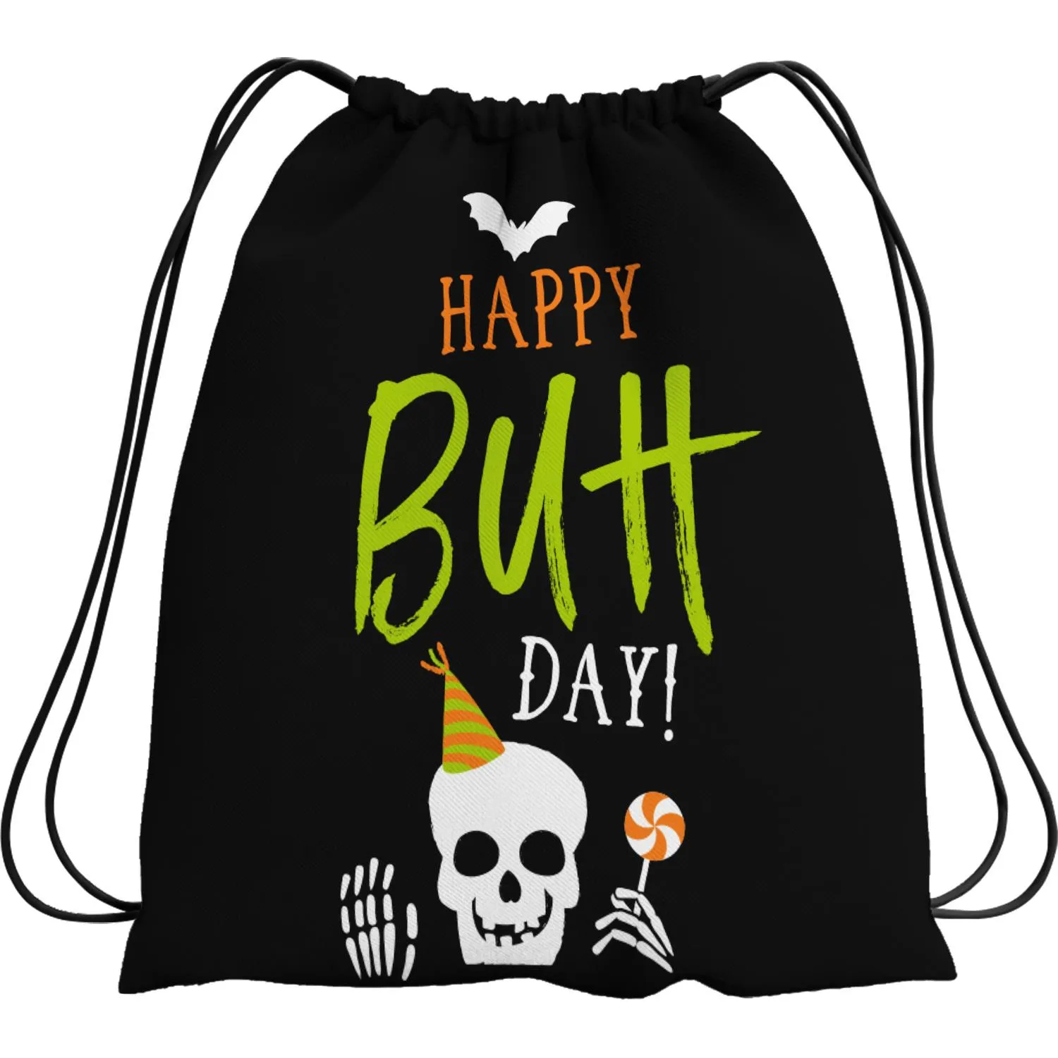 Schwarzer Turnbeutel mit grünem BUH-Schriftzug, Schädel, Partyhut und Lutscher – Halloween-Motiv