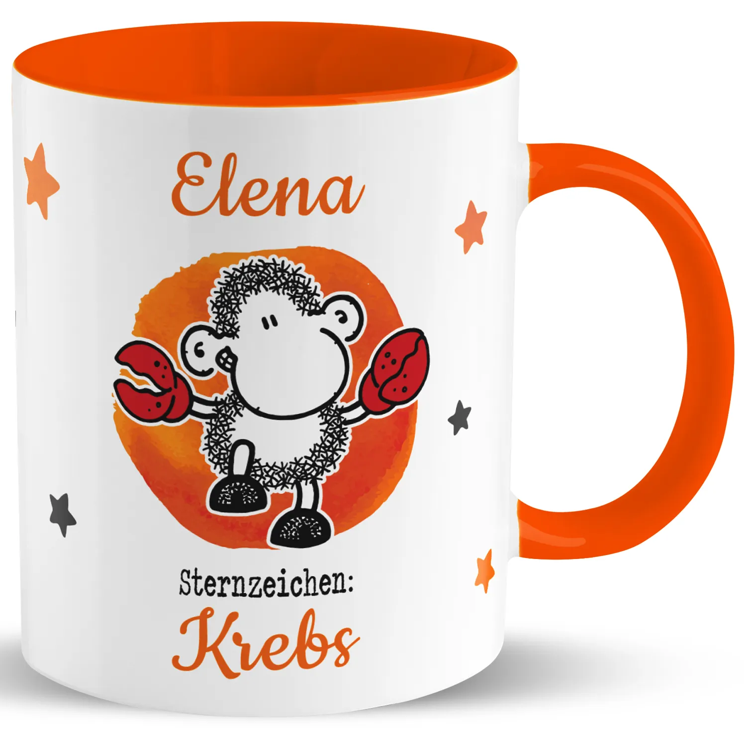 Weiße Porzellan-Tasse mit orangefarbenem Innenrand, Schäfchen-Motiv, Name Elena – Krebs