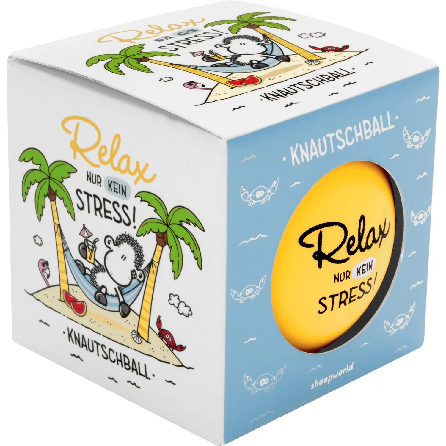 Knautschball Relax – gelber Stressball in Geschenkbox mit Strand-Palmen-Illustration
