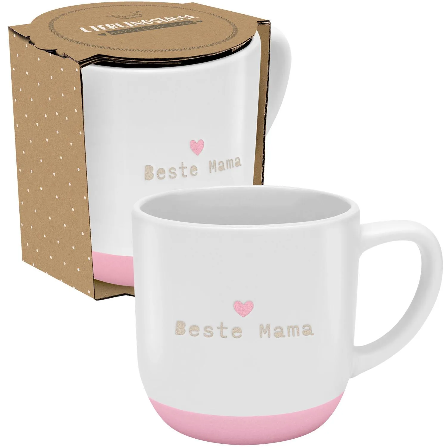 Weiße Keramik-Tasse mit pinkem Boden und Gravur 'Beste Mama' sowie Herz