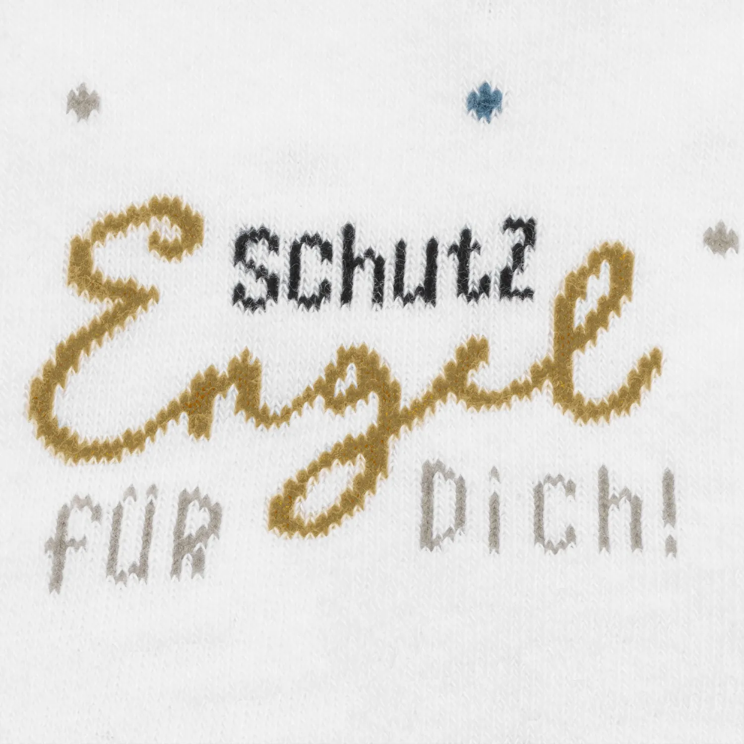 Weiße Socke mit goldenen Engelschriftzug und Schutztext in Schwarz