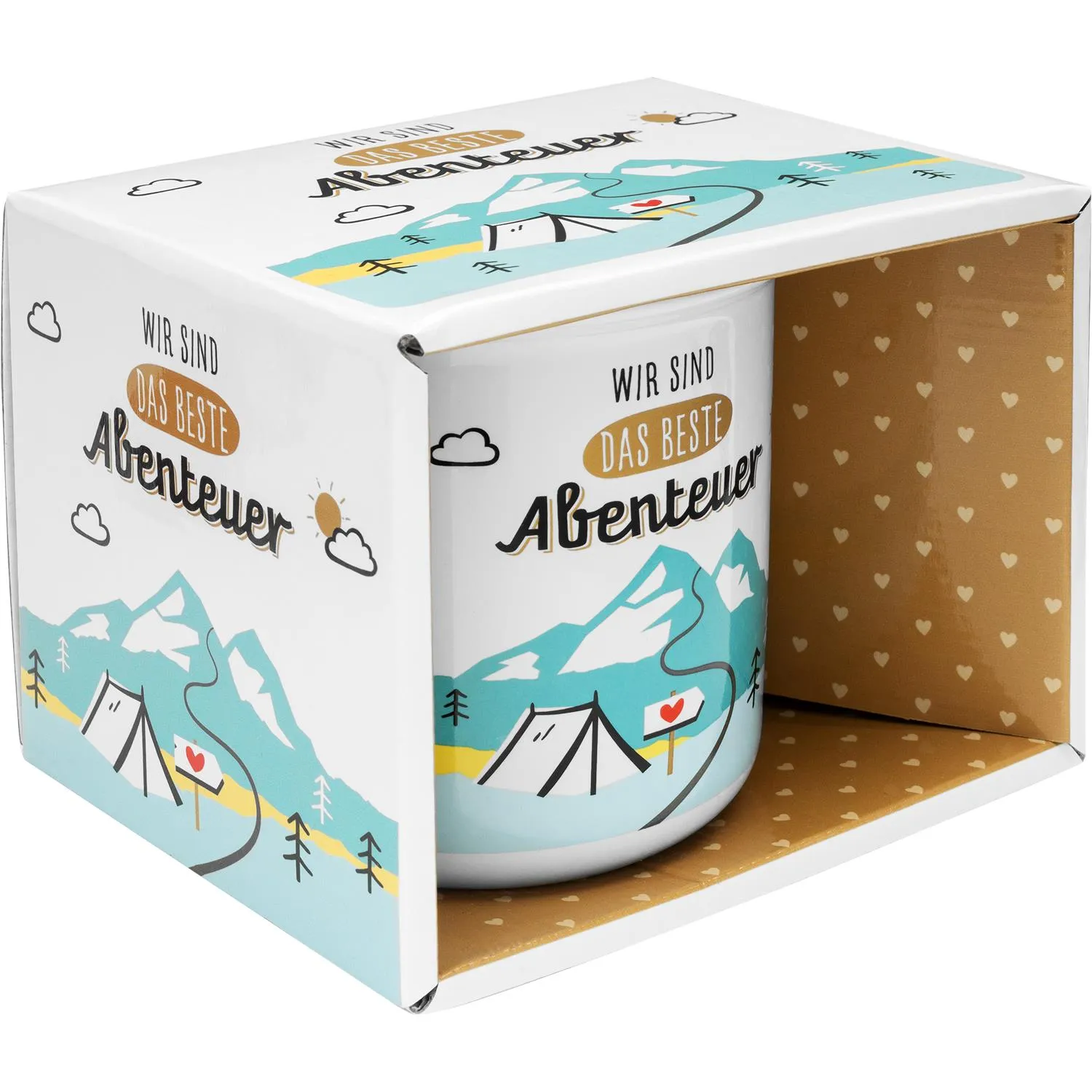 Weiße Steinzeug-Tasse mit Pastell-Berg- und Campingmotiv