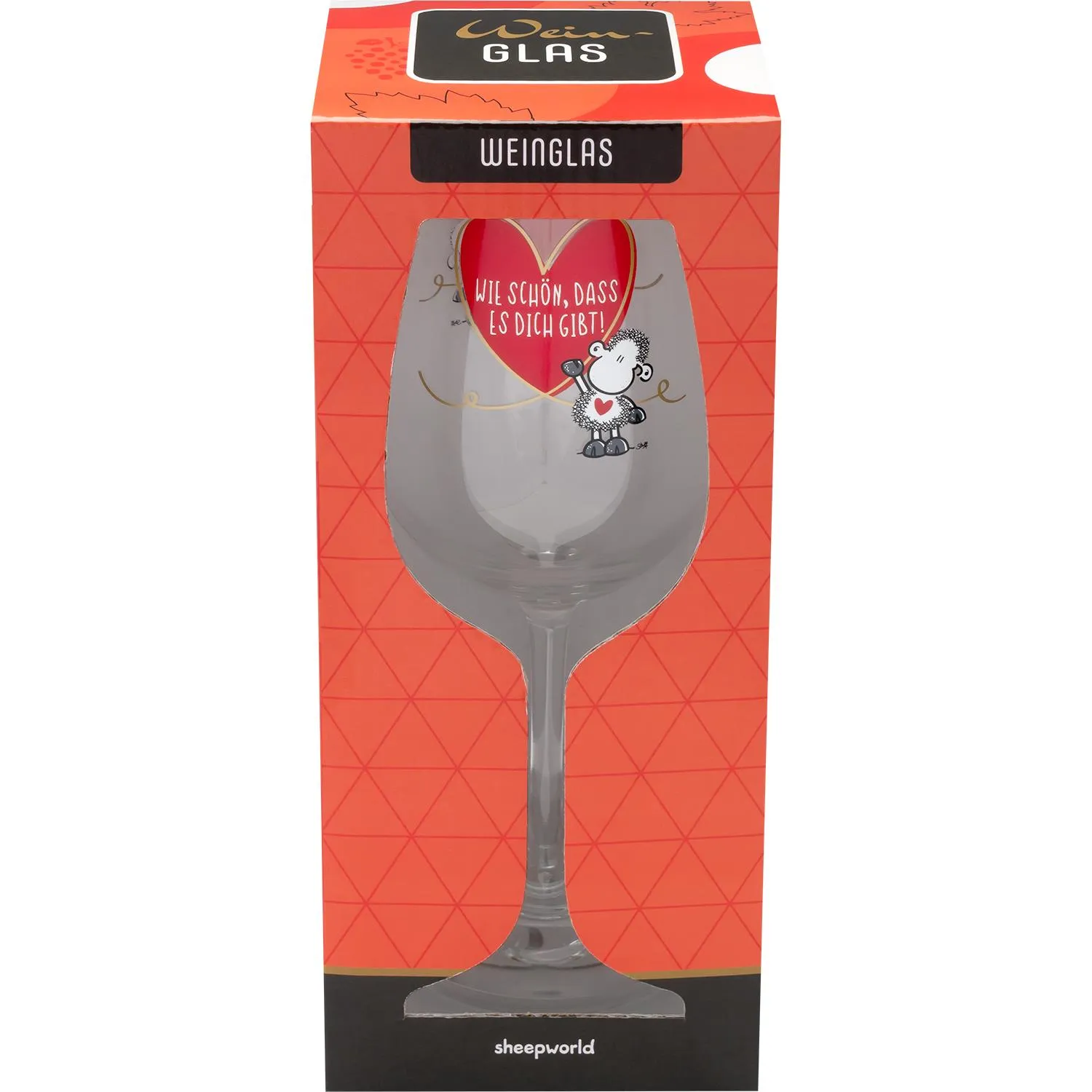 Weinglas mit Schäfchen-Motiv und Herzdruck, Golddruck, Geschenkbox.