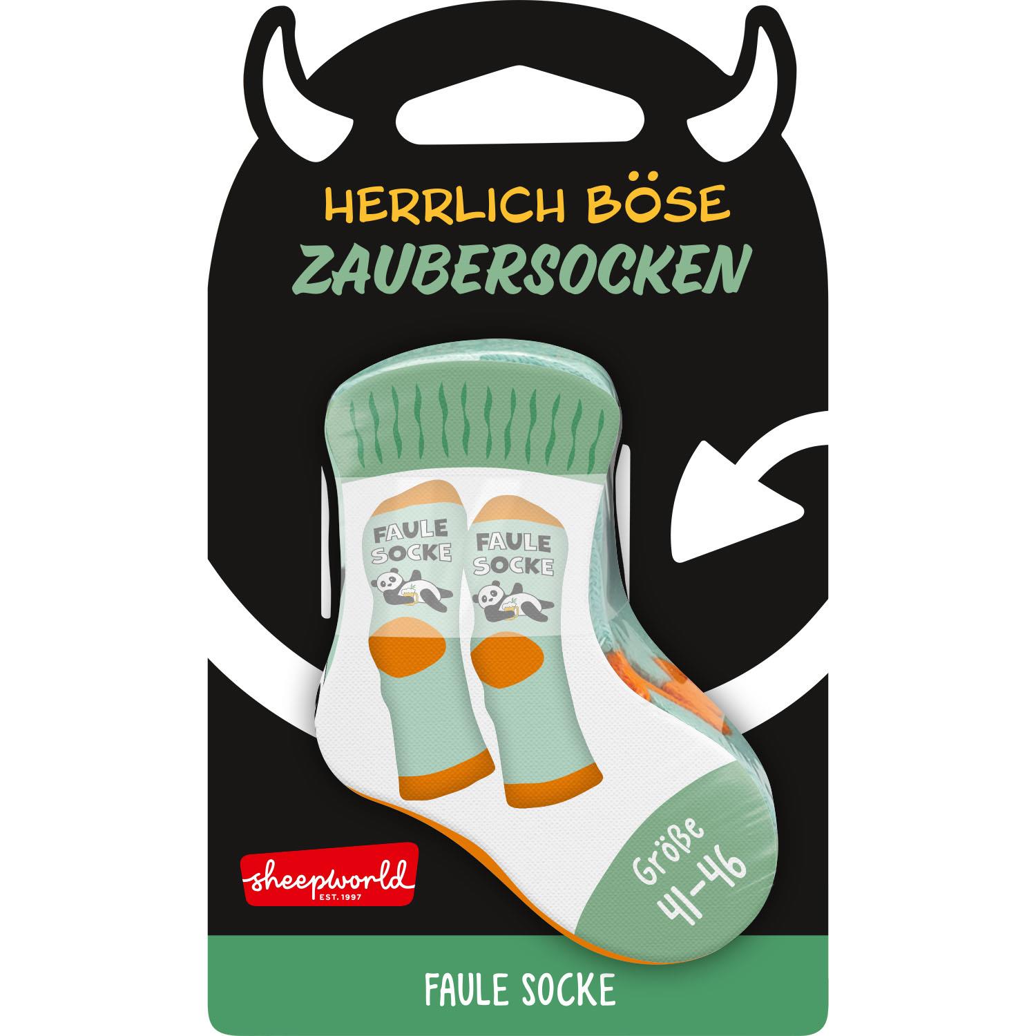 Mintgrüne Zaubersocken mit Panda-Motiv und 'Faul Socke' Aufdruck in Verpackung