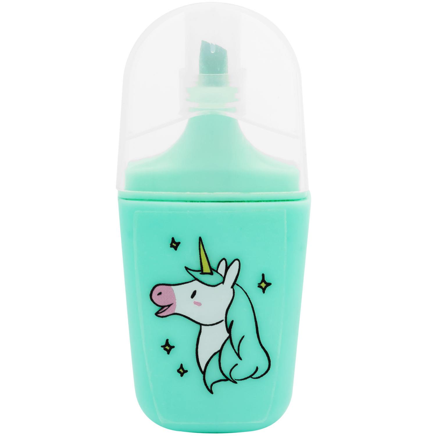 Mintgrüner Highlighter mit Einhorn-Motiv und transparenter Kappe.