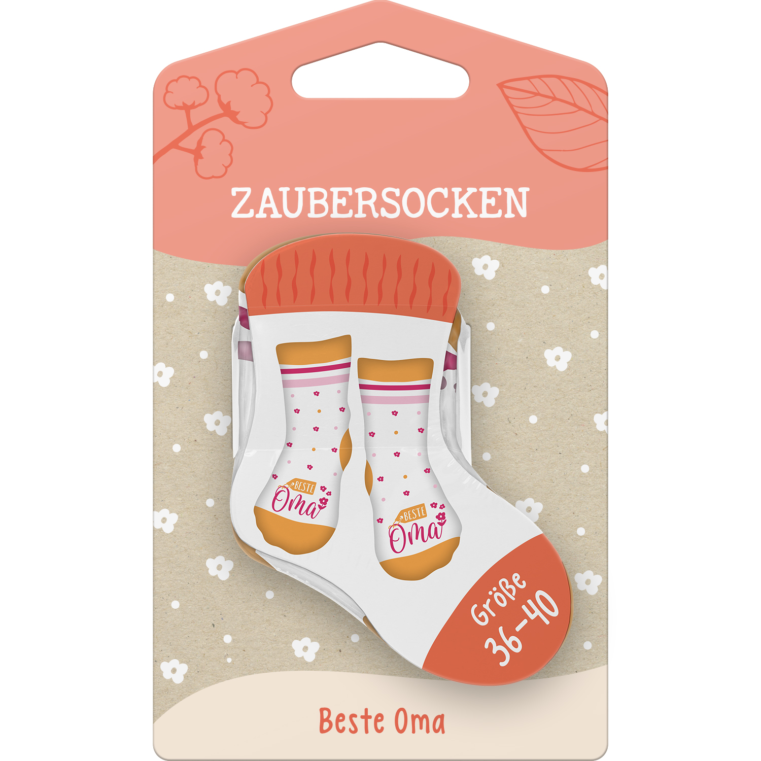 Weiße Zaubersocken mit orangefarbenen Akzenten und Blumenmustern, 'Beste Oma' Schriftzug.