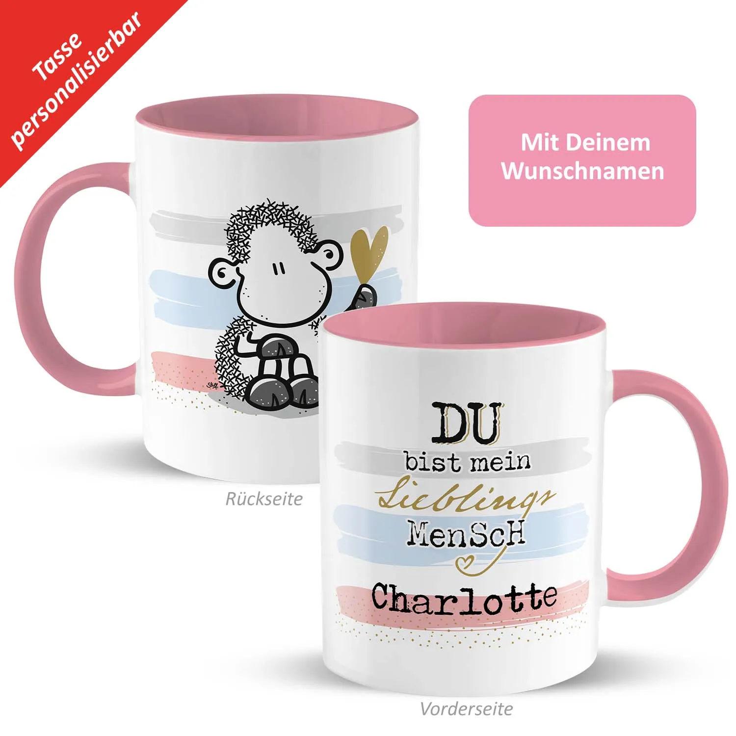 Tasse Motiv »Du bist mein Lieblingsmensch ...« mit Wunschnamen, rosa, personalisiert
