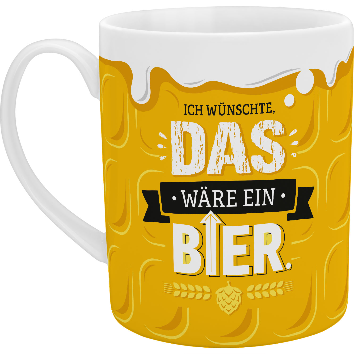 Weiße XL-Porzellantasse mit gelbem Bier-Design und humorvoller Aufschrift