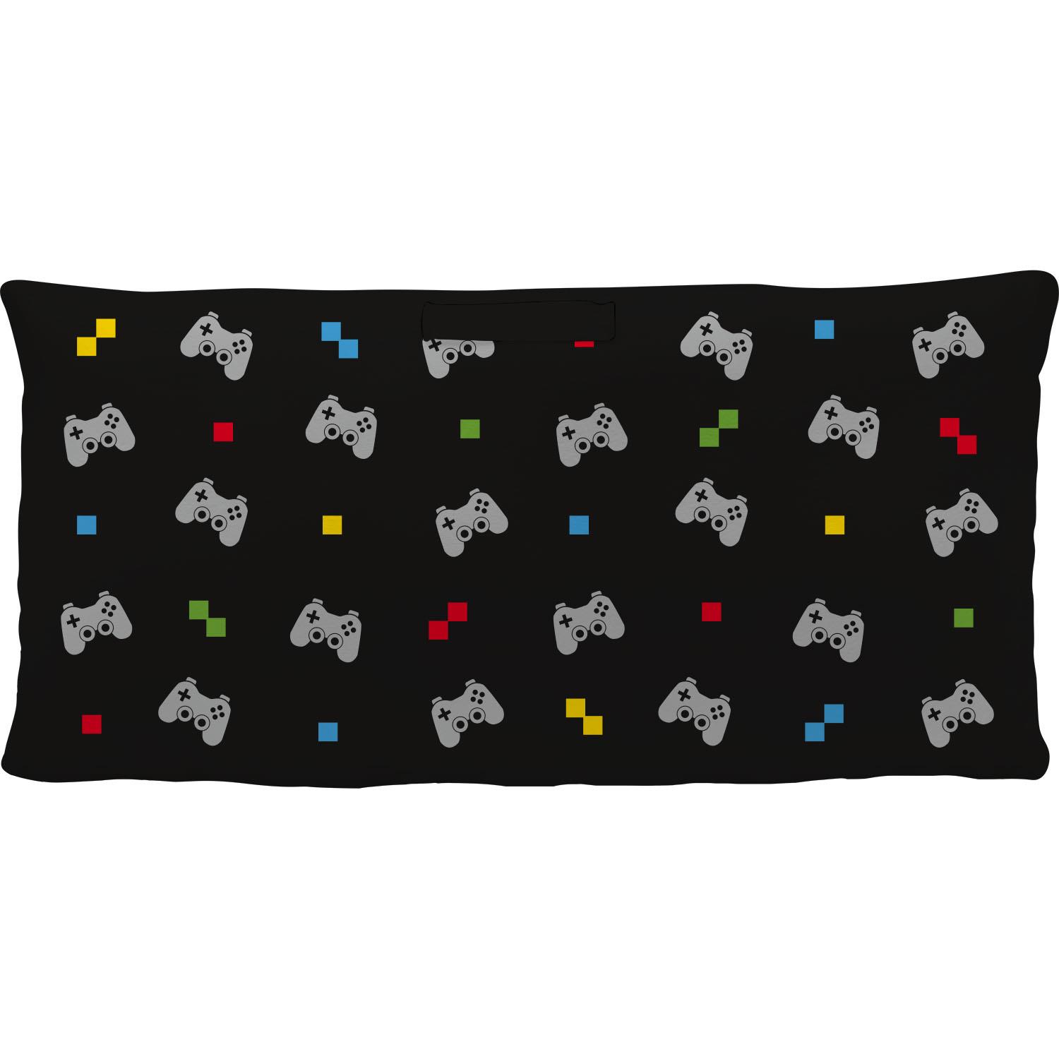 Schwarzes Plüschkissen mit grauen Game-Controllern und bunten Akzenten, 40x20 cm.