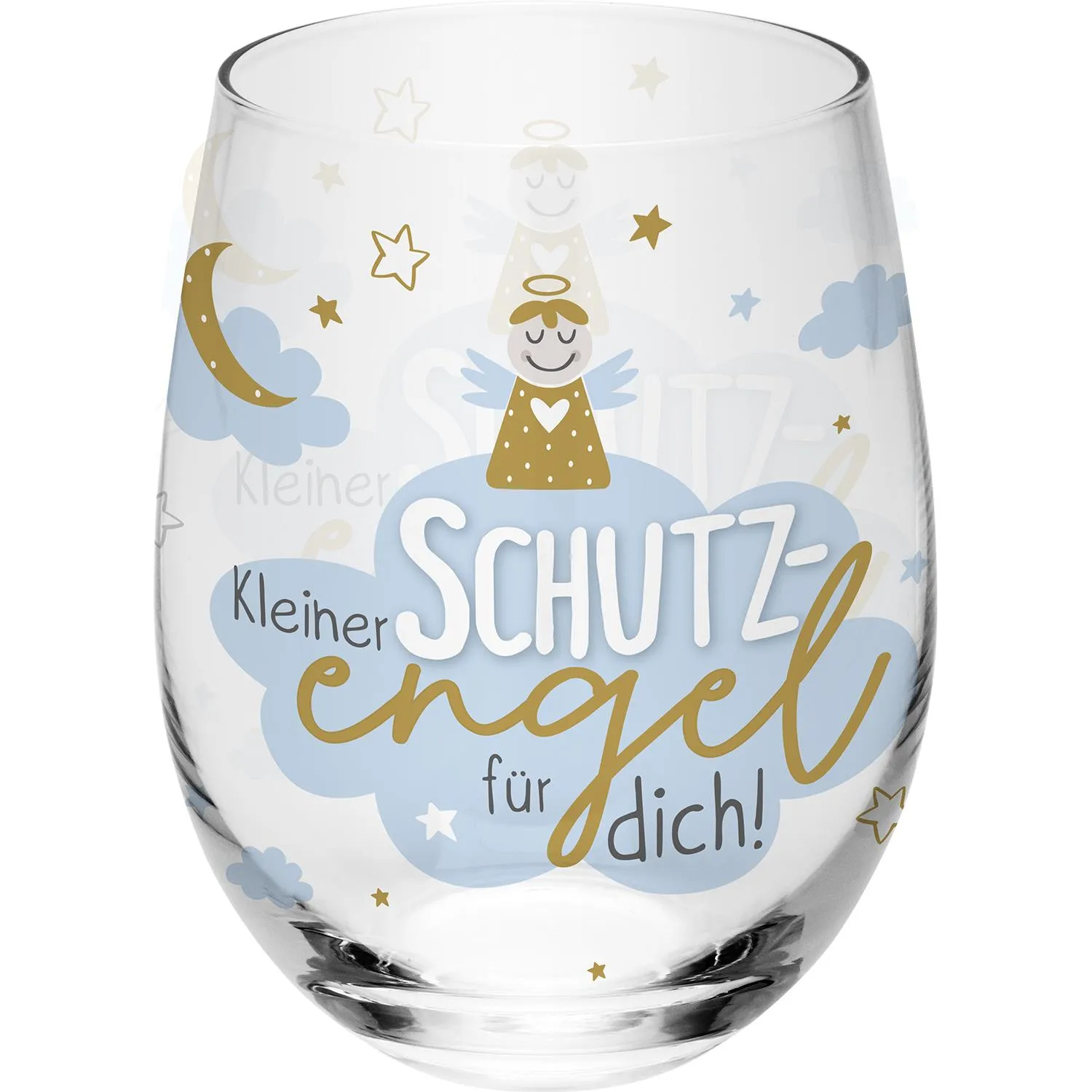 Trinkglas mit Golddruck: Kleiner Schutzengel, hellblau-weiße Wolken, 600 ml