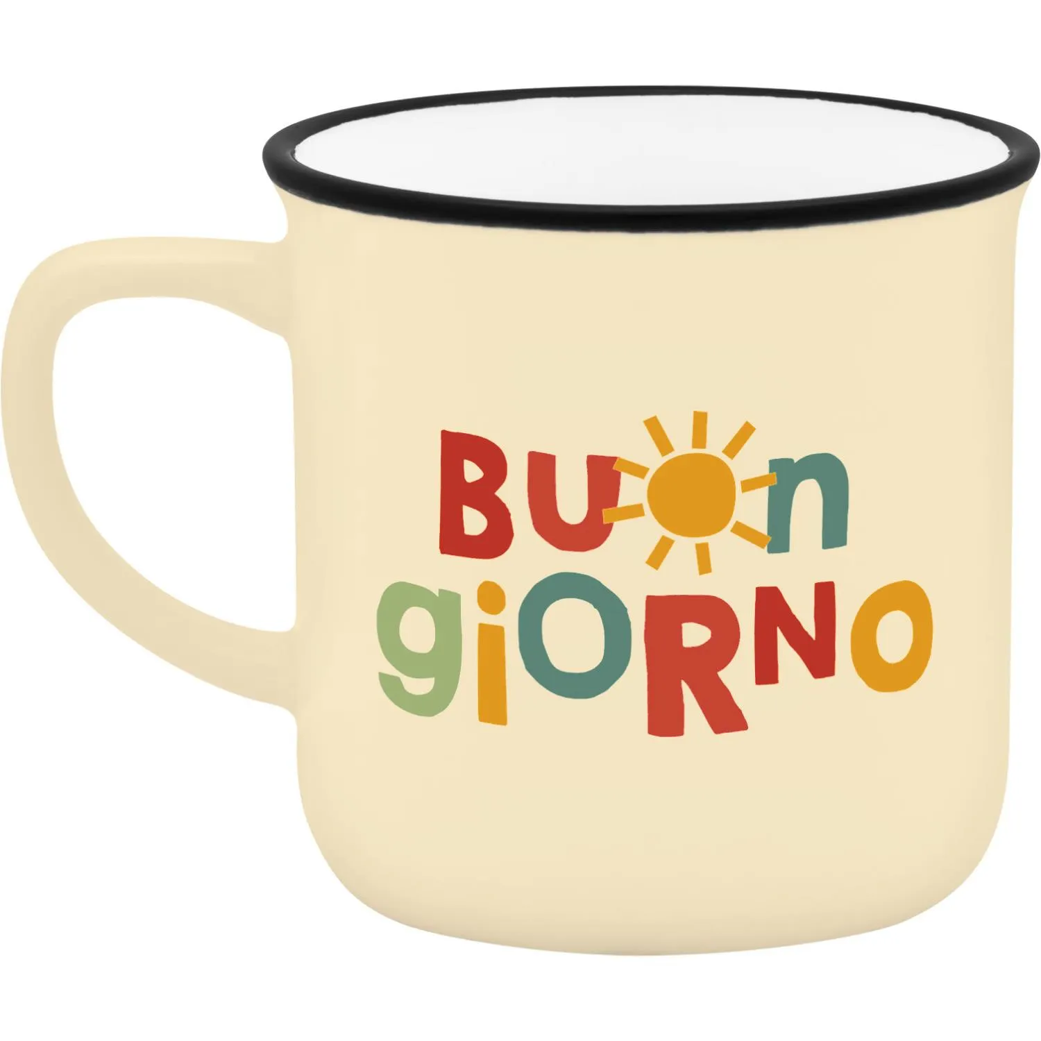 Beiger Espressobecher mit buntem Buon Giorno-Schriftzug und Sonnenmotiv