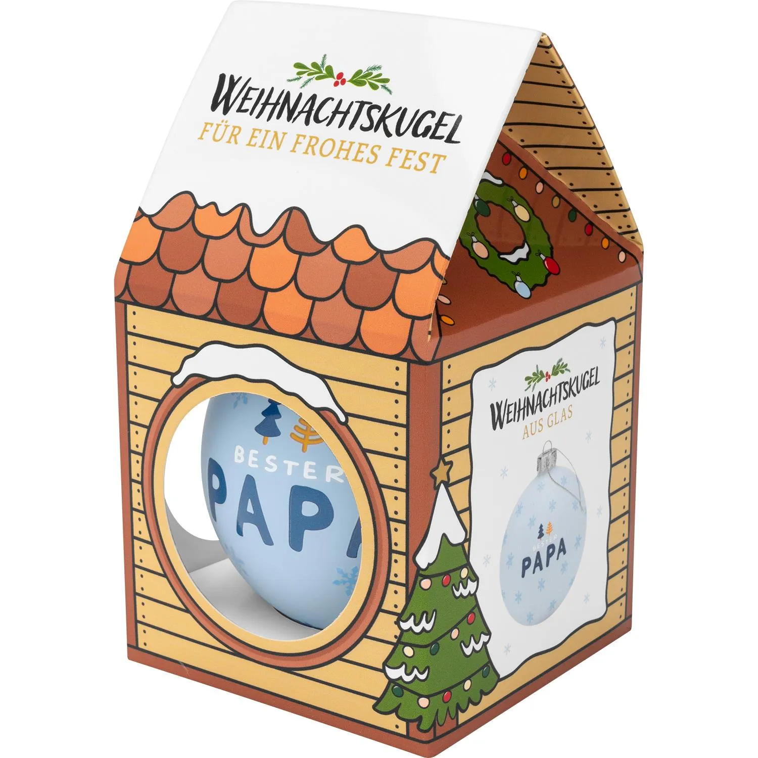 Drei Glaskugeln im Geschenkset mit Papamotiv, verpackt als Weihnachtsdekoration