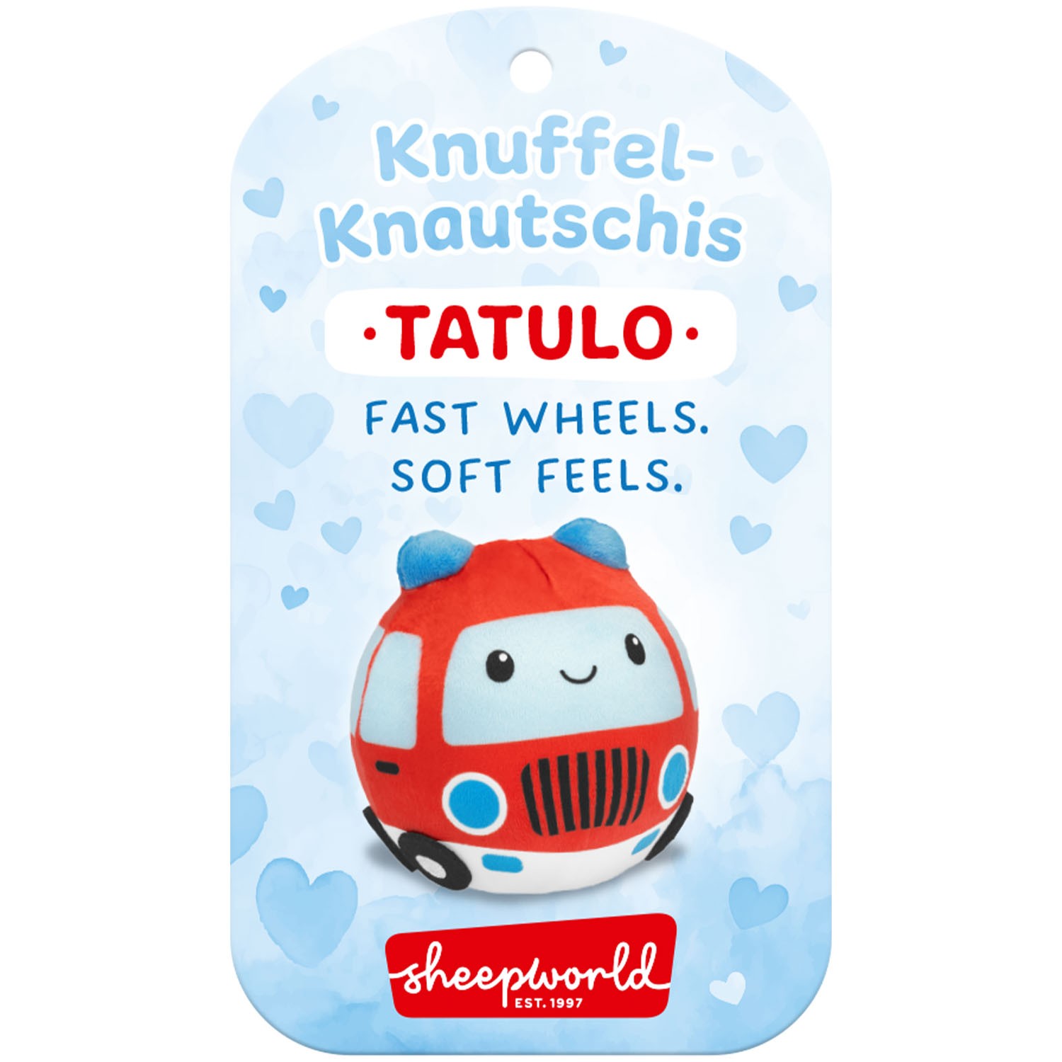 Rotes Knuffel-Auto Tatulo mit blauen Akzenten, Memory Foam-Füllung