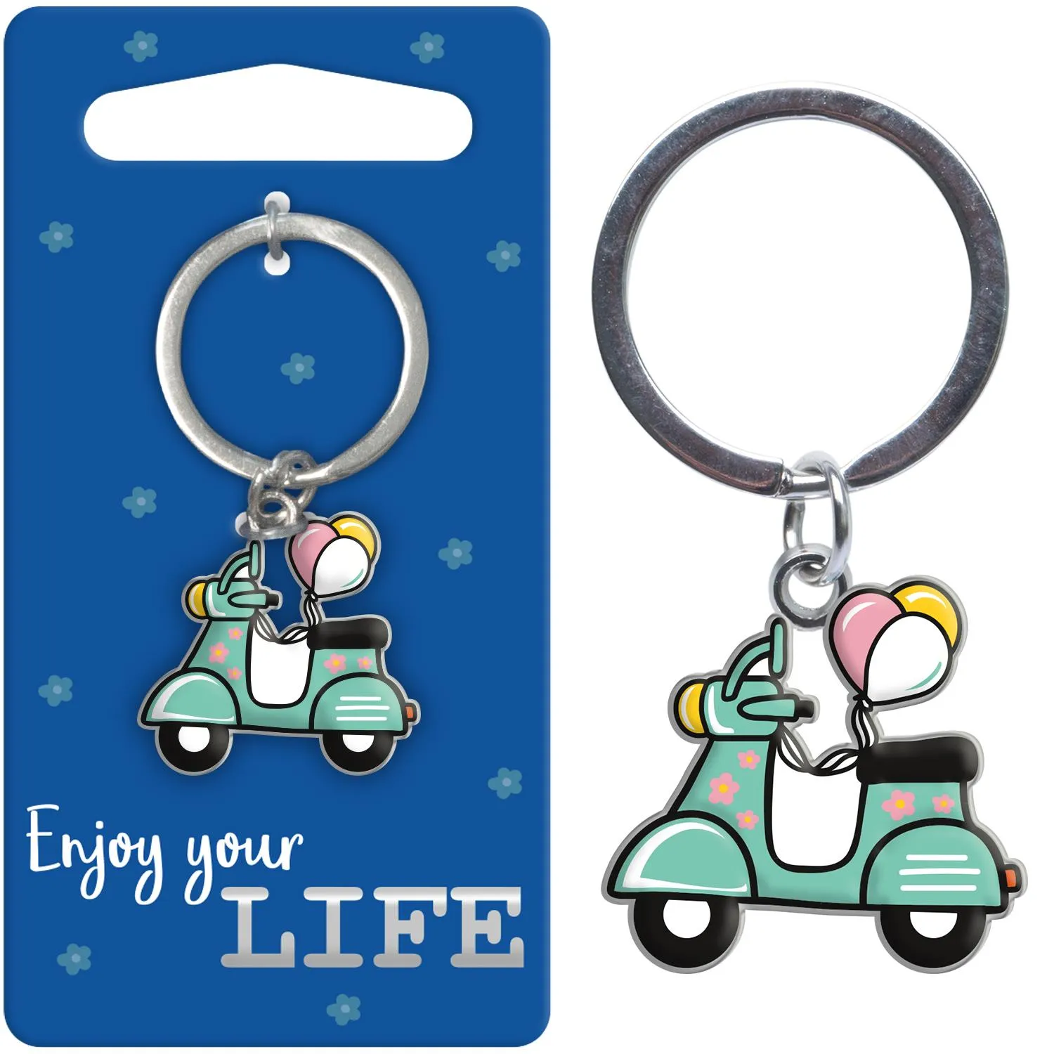 Schlüsselanhänger mit Scooter-Motiv und Ballons, Metall/Epoxidharz, inkl. Schlüsselring