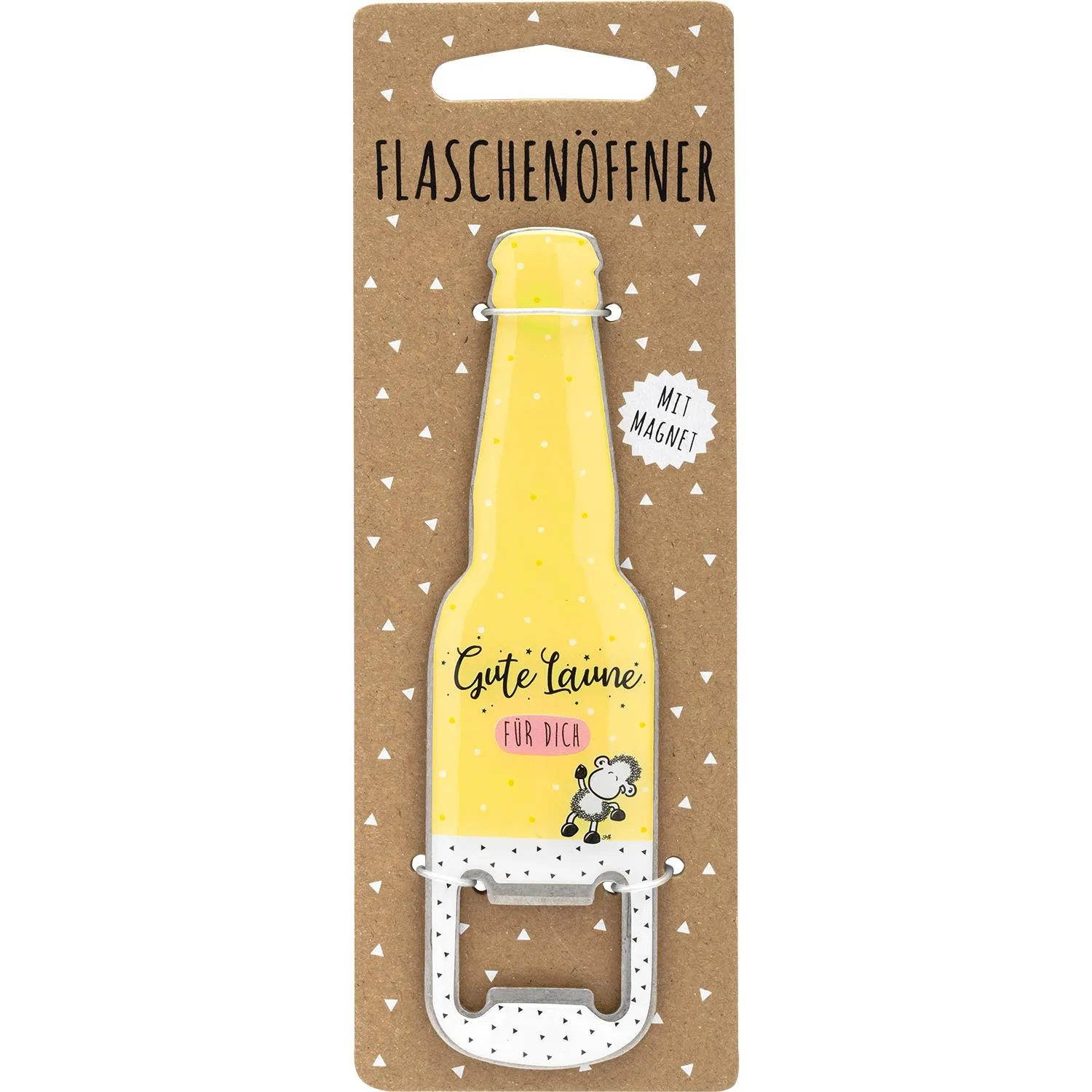 Flaschenöffner mit gelber Flasche und Magnetrückseite auf brauner Verpackung