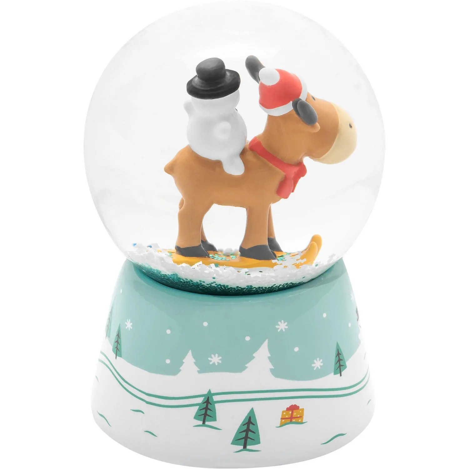 Schneekugel mit Elch und Schneemann auf pastelblauem Sockel
