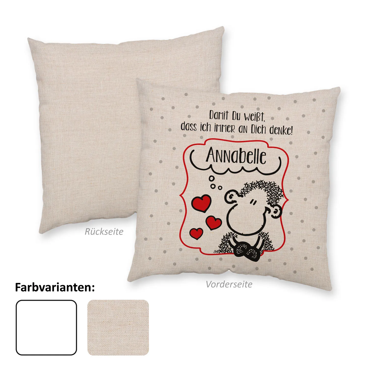 Personalisiertes Valentins-Kissen mit Annabelle-Comic und Herzen, Canvas-Optik, 40x40 cm