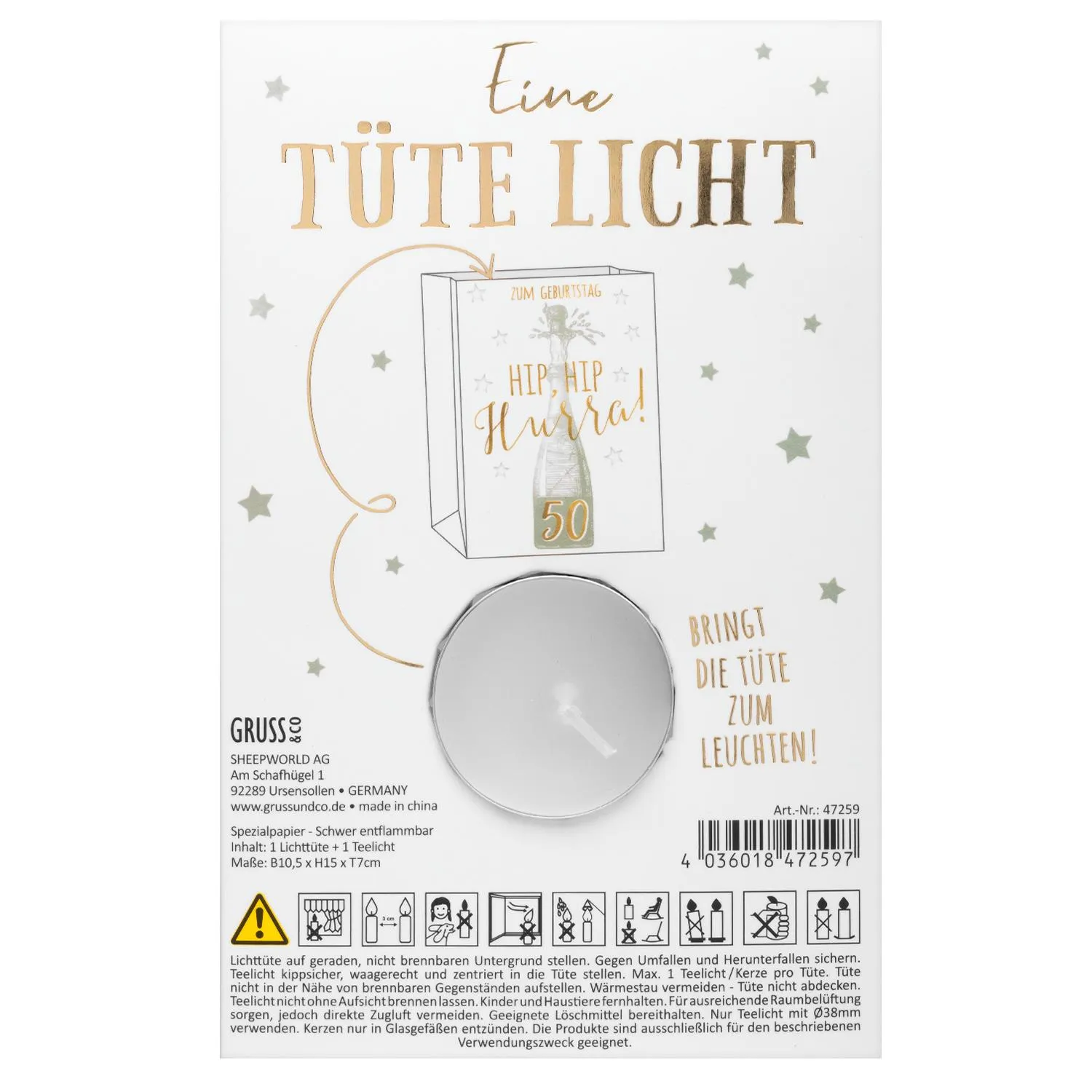 Lichttüte zum Geburtstag aus schwer entflammbaren Papier mit Goldfolie und Sternen, inkl. Teelicht.