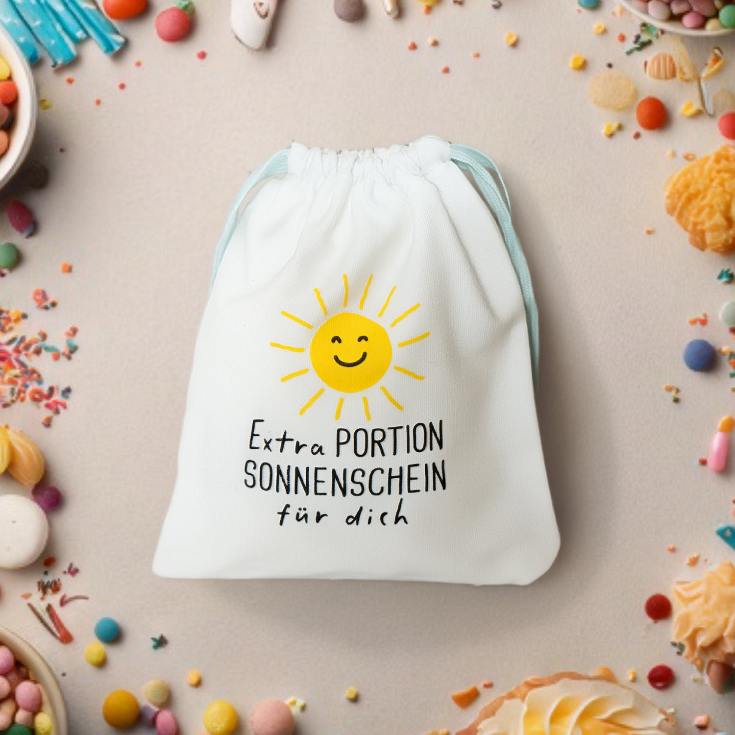 Weiße Canvas-Geschenktasche mit gelbem Sonnendruck und Zugband