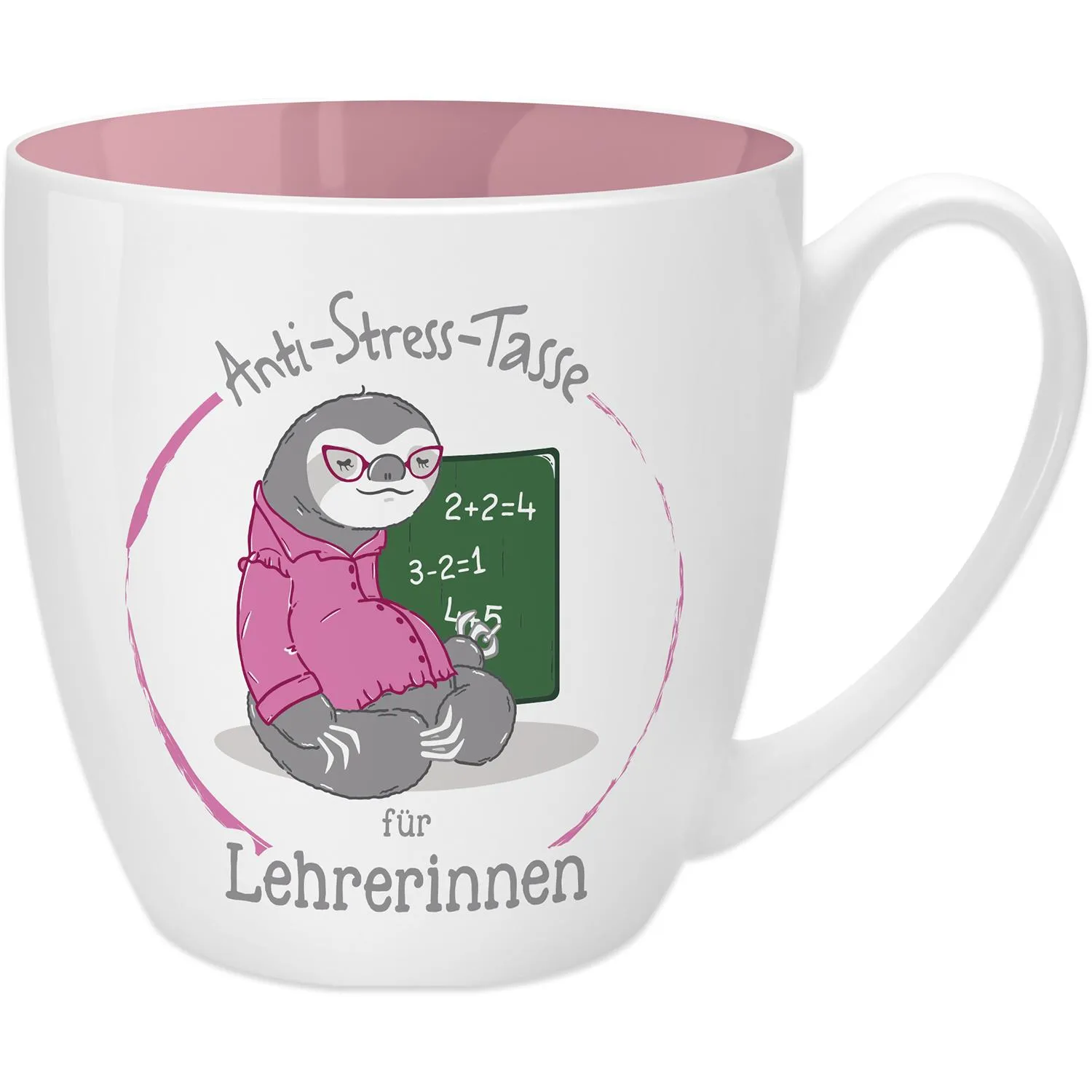 Weiße Porzellantasse mit pinkem Innenraum, Faultier vor Schultafel – Anti-Stress-Tasse für Lehrerinnen.