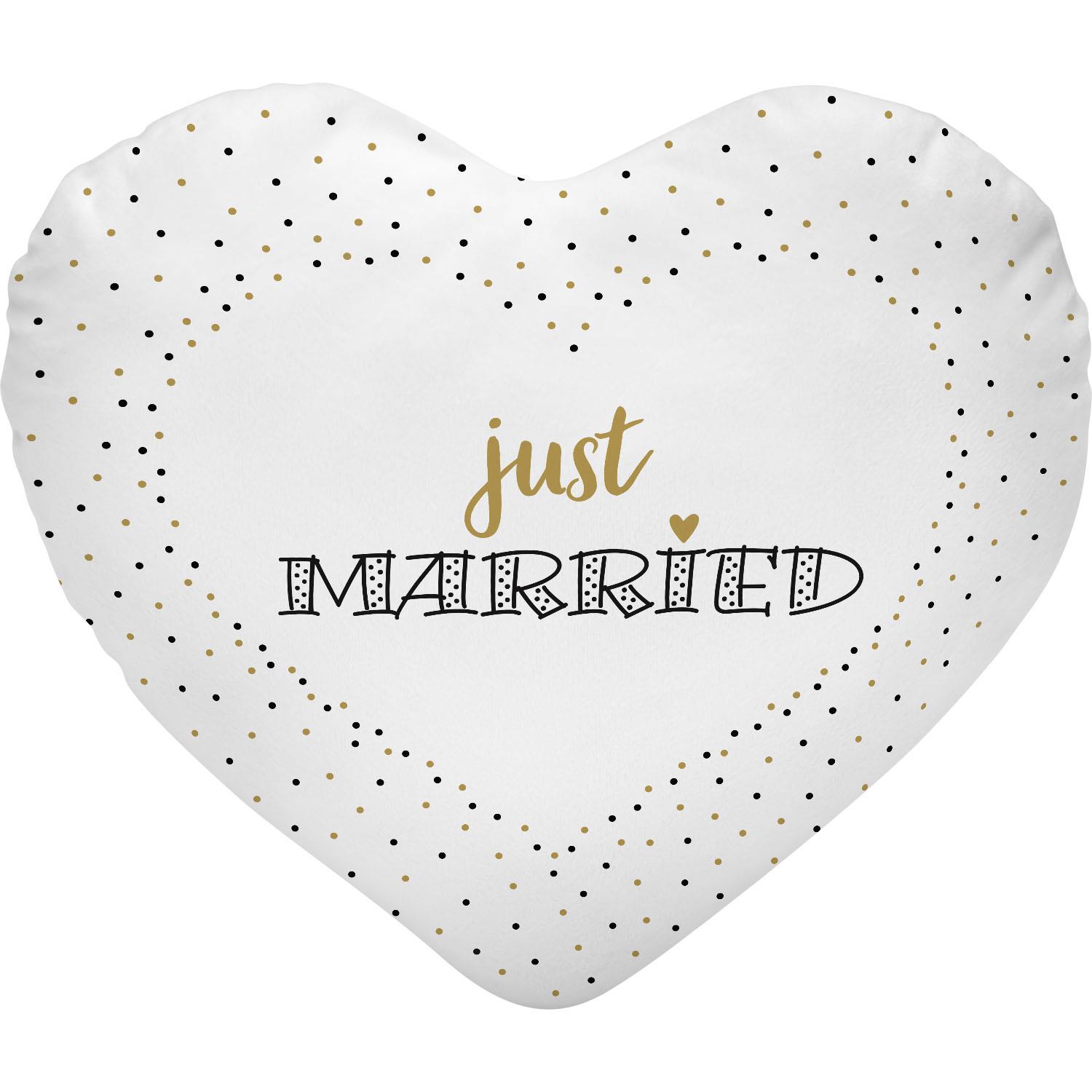 Weißes herzförmiges Plüschkissen mit Schriftzug 'Just Married' in Gold/Schwarz und gepunktetem Rand.