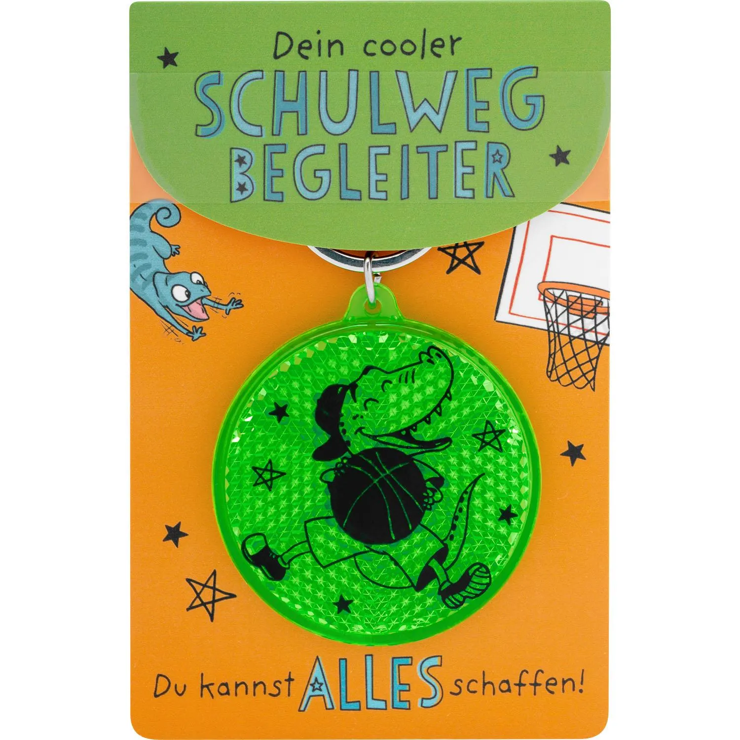 Neon-grüner runder Reflektor mit Dino-Motiv im Basketball-Outfit